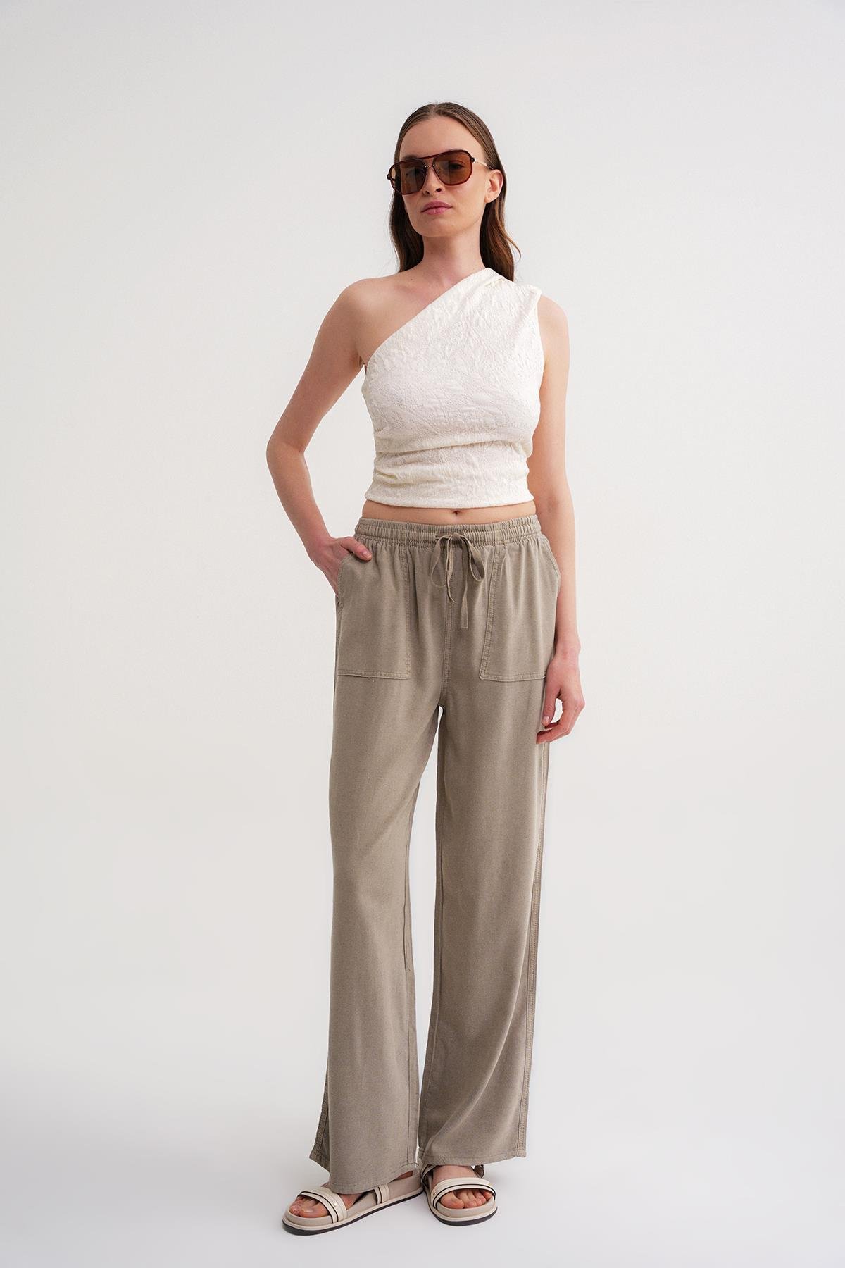 4629 Kadın Yüksek Bel Viskon Palazzo Pantolon Toprak