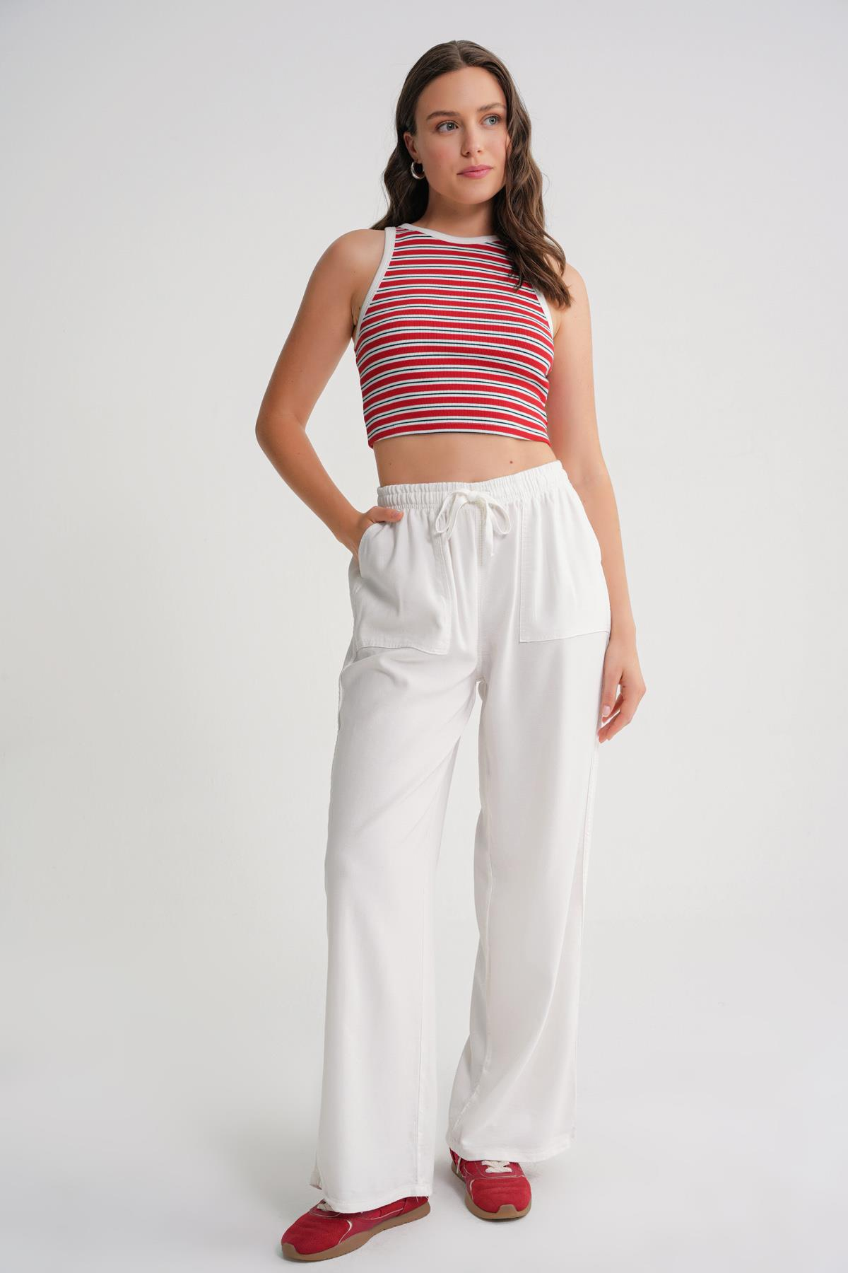 4629 Kadın Yüksek Bel Viskon Palazzo Pantolon Beyaz