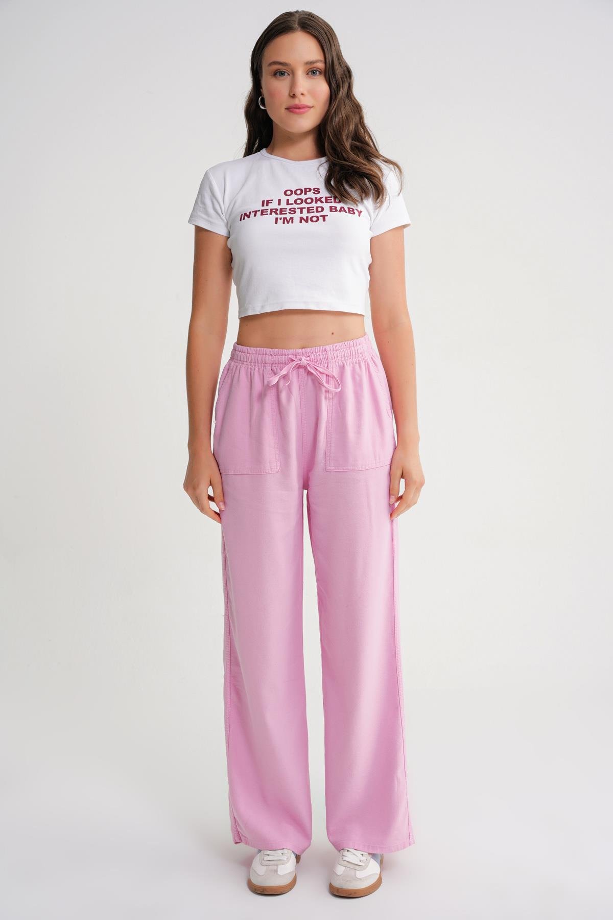 4629 Kadın Yüksek Bel Viskon Palazzo Pantolon Pembe