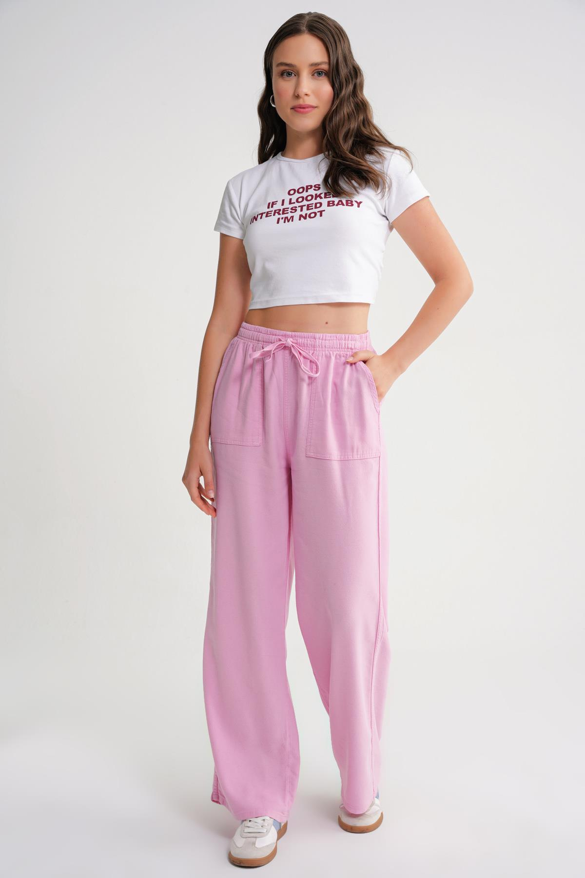 4629 Kadın Yüksek Bel Viskon Palazzo Pantolon Pembe