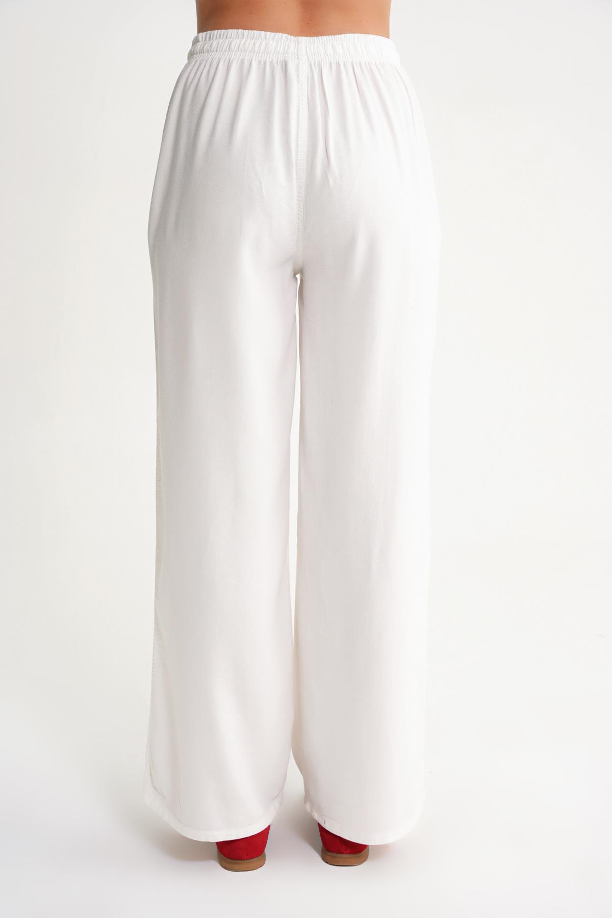 4629 Kadın Yüksek Bel Viskon Palazzo Pantolon Beyaz