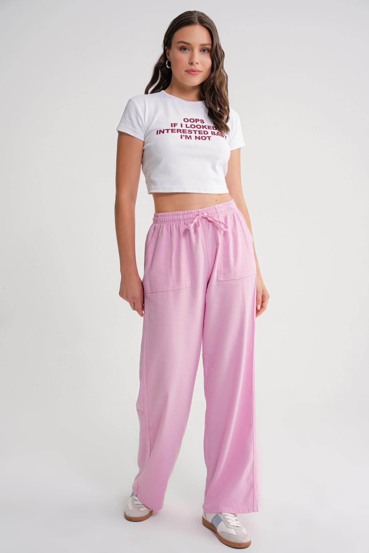 4629 Kadın Yüksek Bel Viskon Palazzo Pantolon Pembe