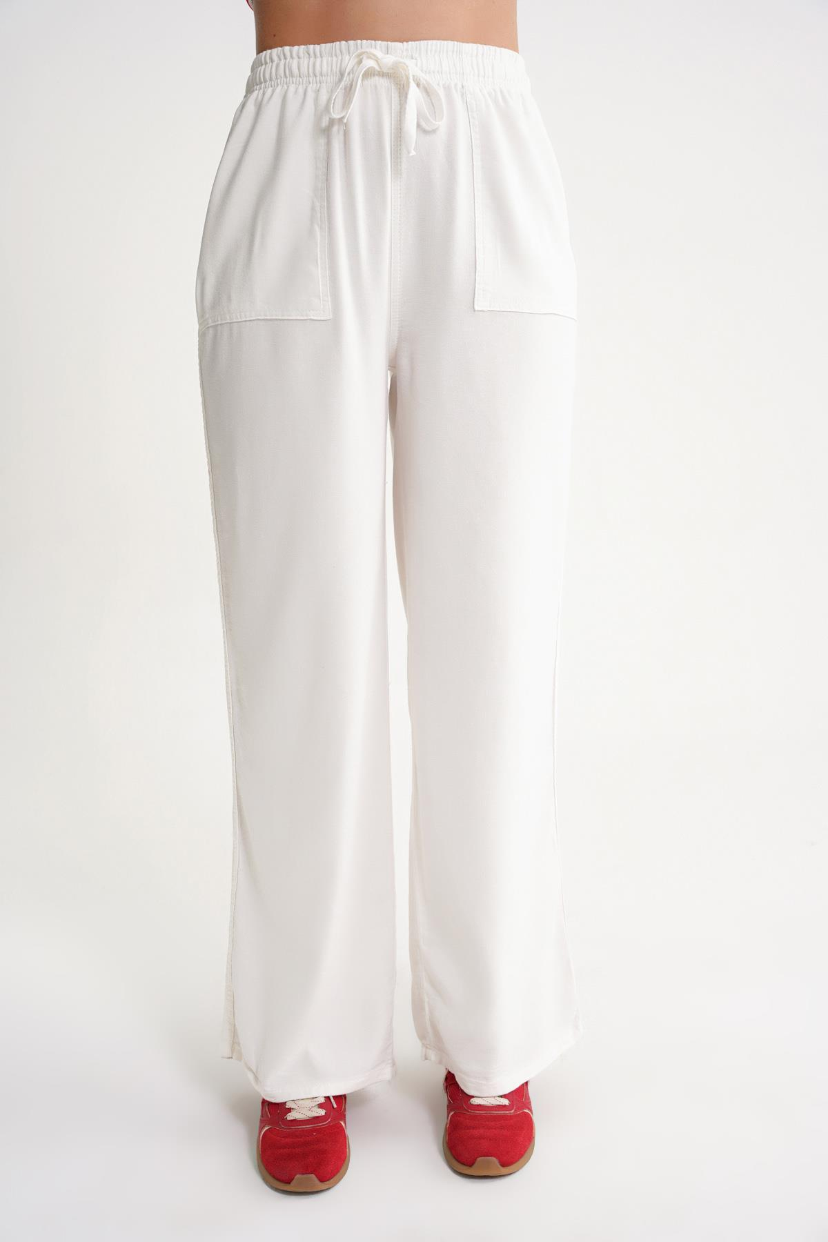 4629 Kadın Yüksek Bel Viskon Palazzo Pantolon Beyaz