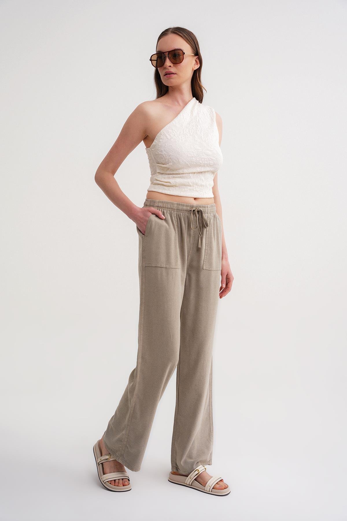 4629 Kadın Yüksek Bel Viskon Palazzo Pantolon Toprak