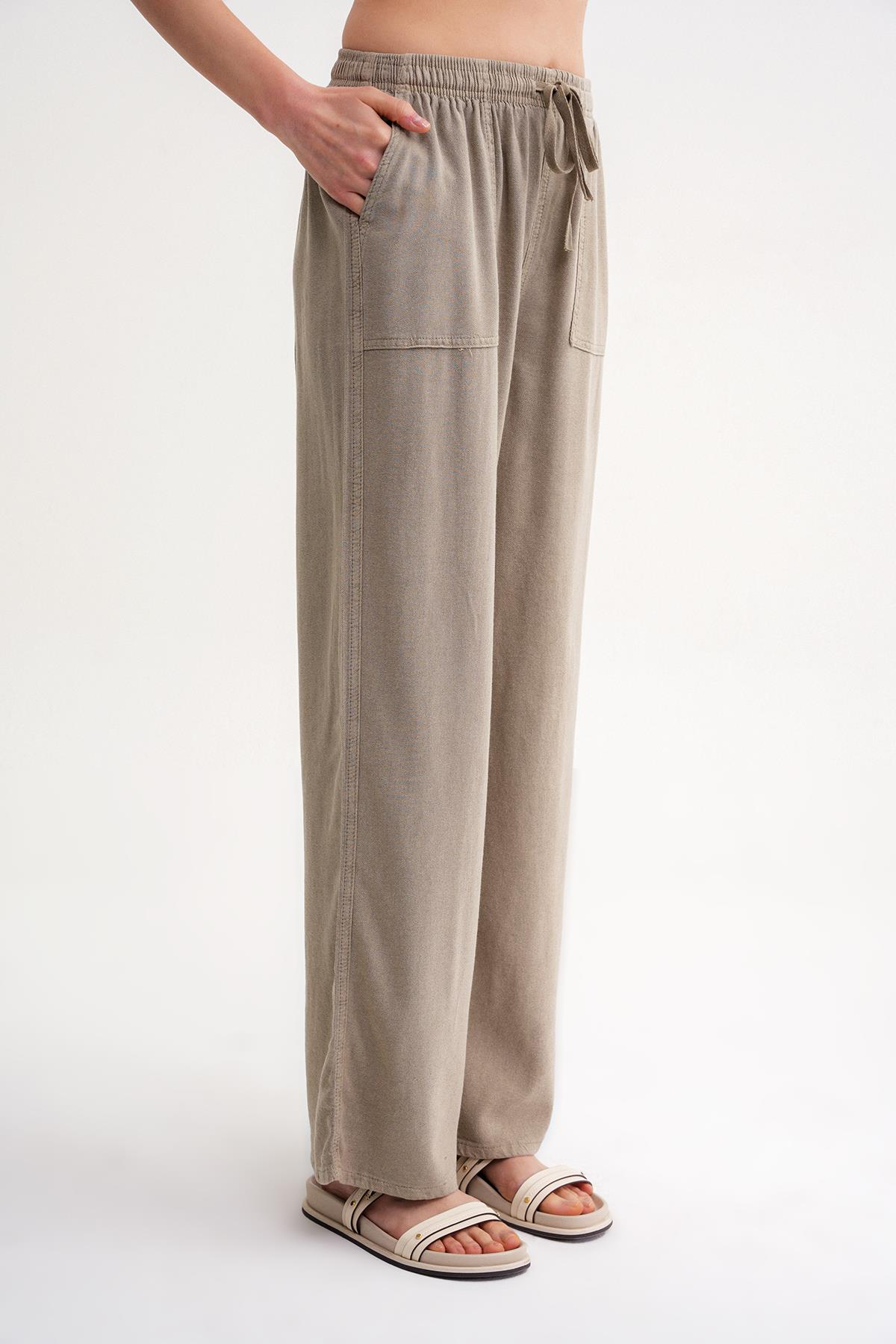 4629 Kadın Yüksek Bel Viskon Palazzo Pantolon Toprak