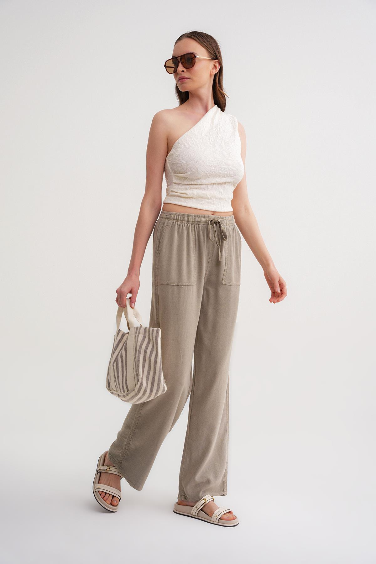 4629 Kadın Yüksek Bel Viskon Palazzo Pantolon Toprak