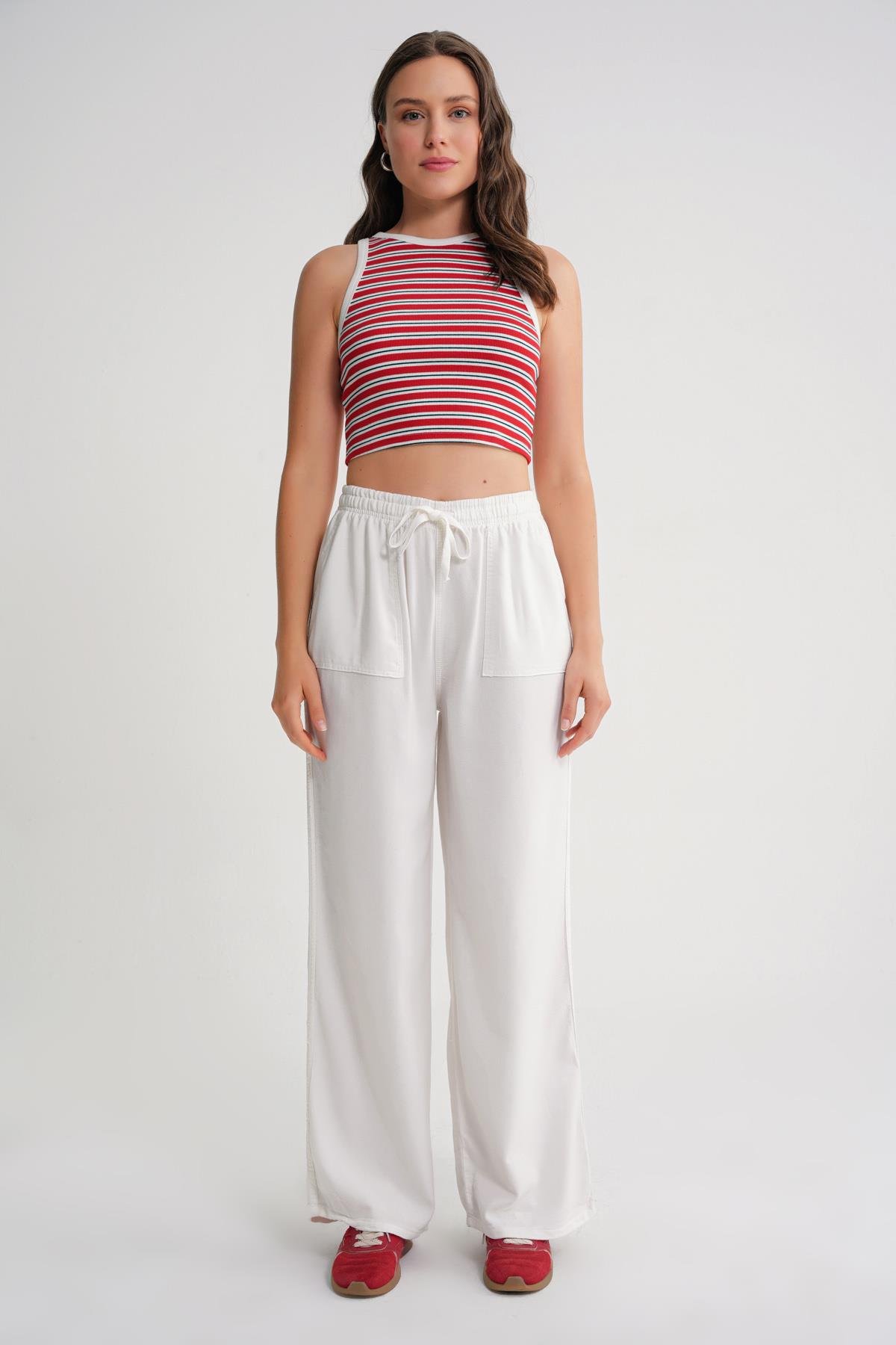 4629 Kadın Yüksek Bel Viskon Palazzo Pantolon Beyaz