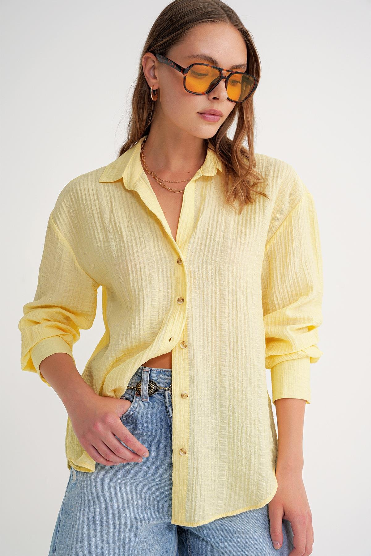 4642 Kadın Apoletli Kraşlı Gömlek Sarı
