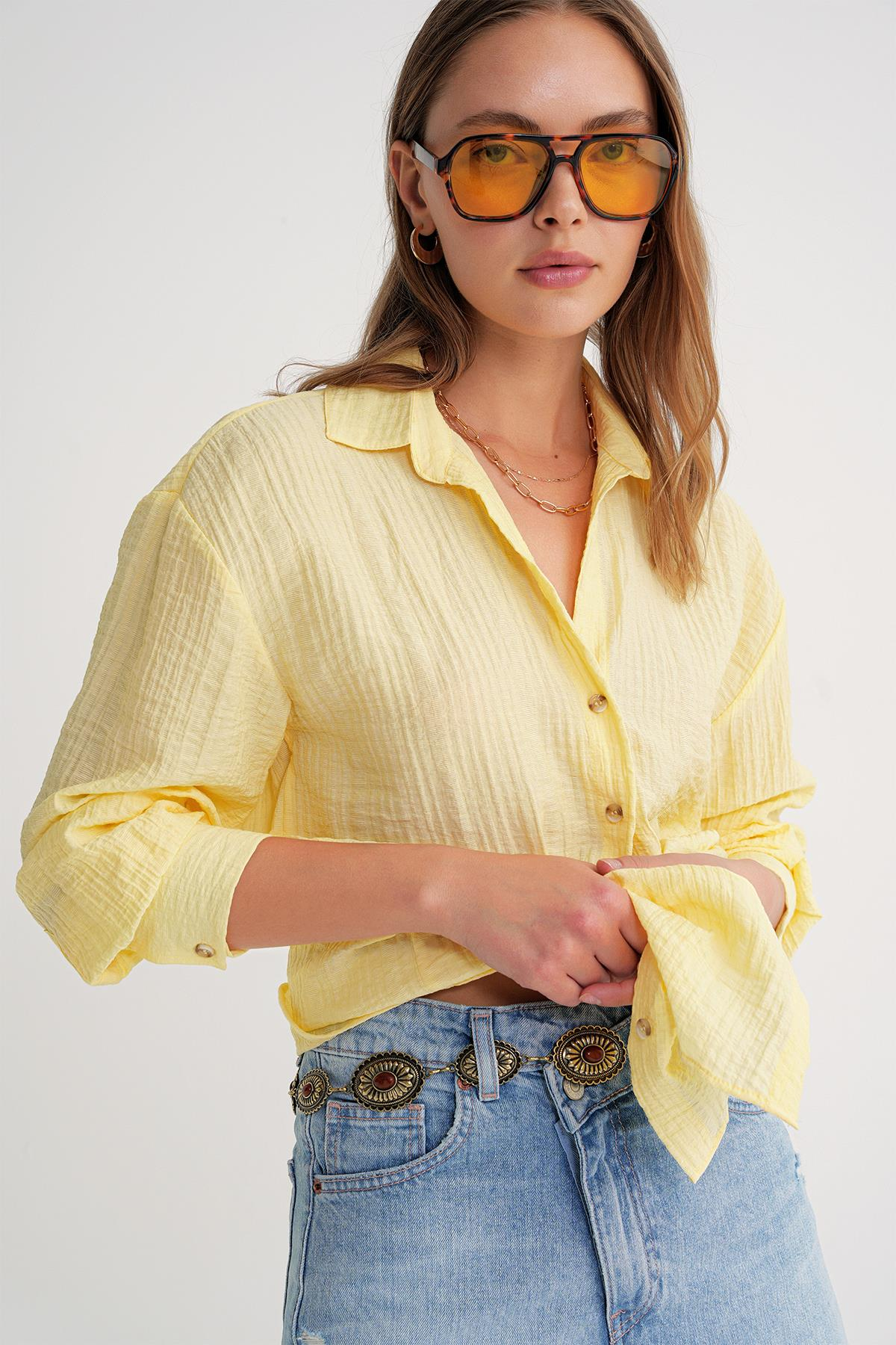 4642 Kadın Apoletli Kraşlı Gömlek Sarı