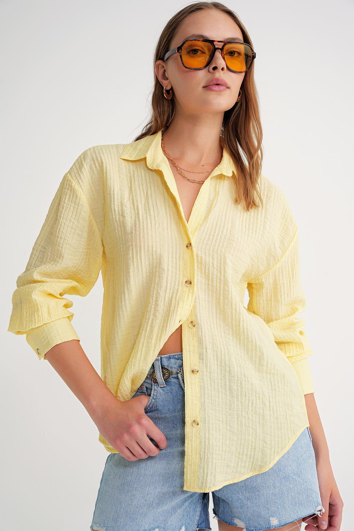 4642 Kadın Apoletli Kraşlı Gömlek Sarı