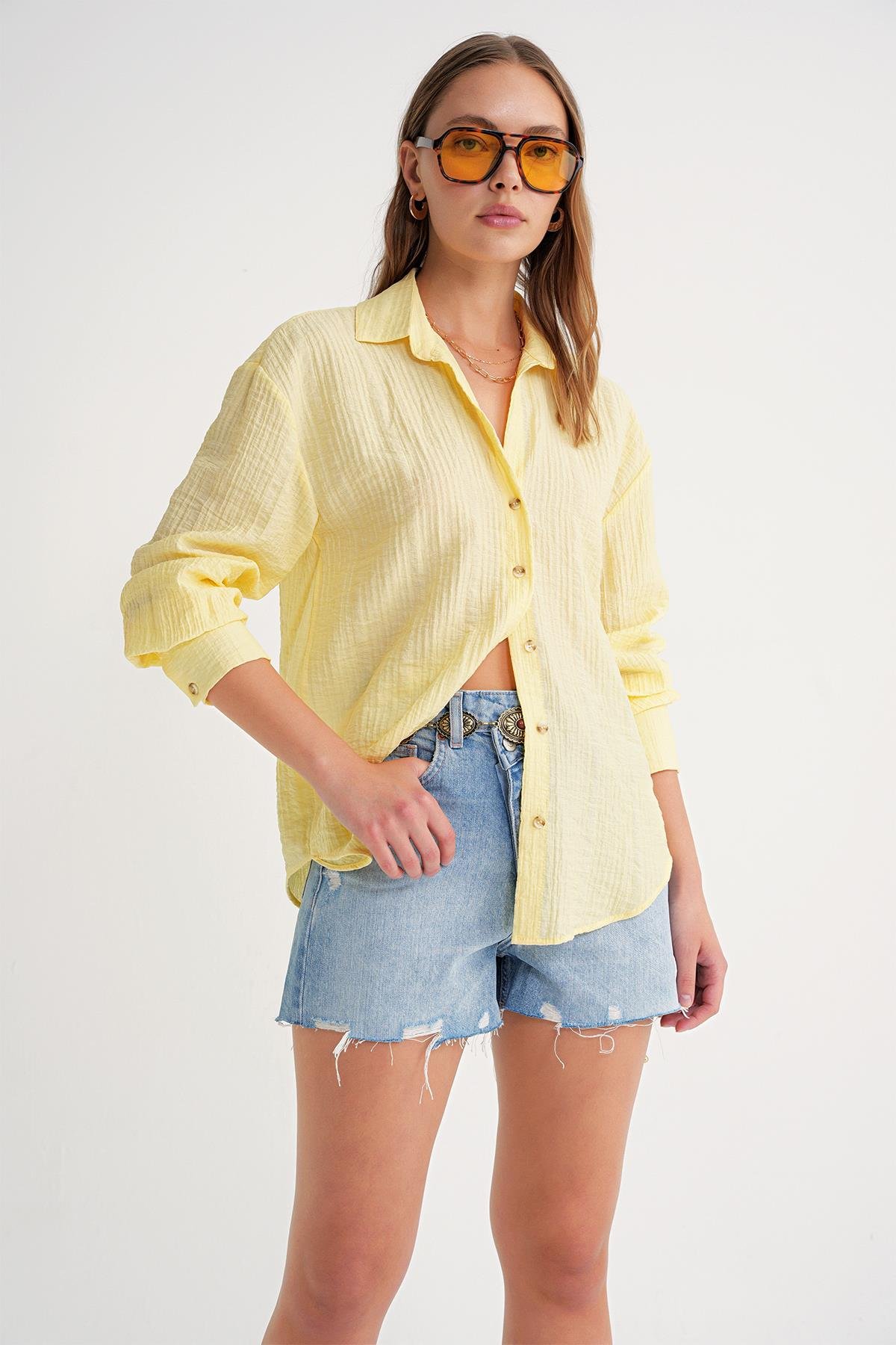 4642 Kadın Apoletli Kraşlı Gömlek Sarı