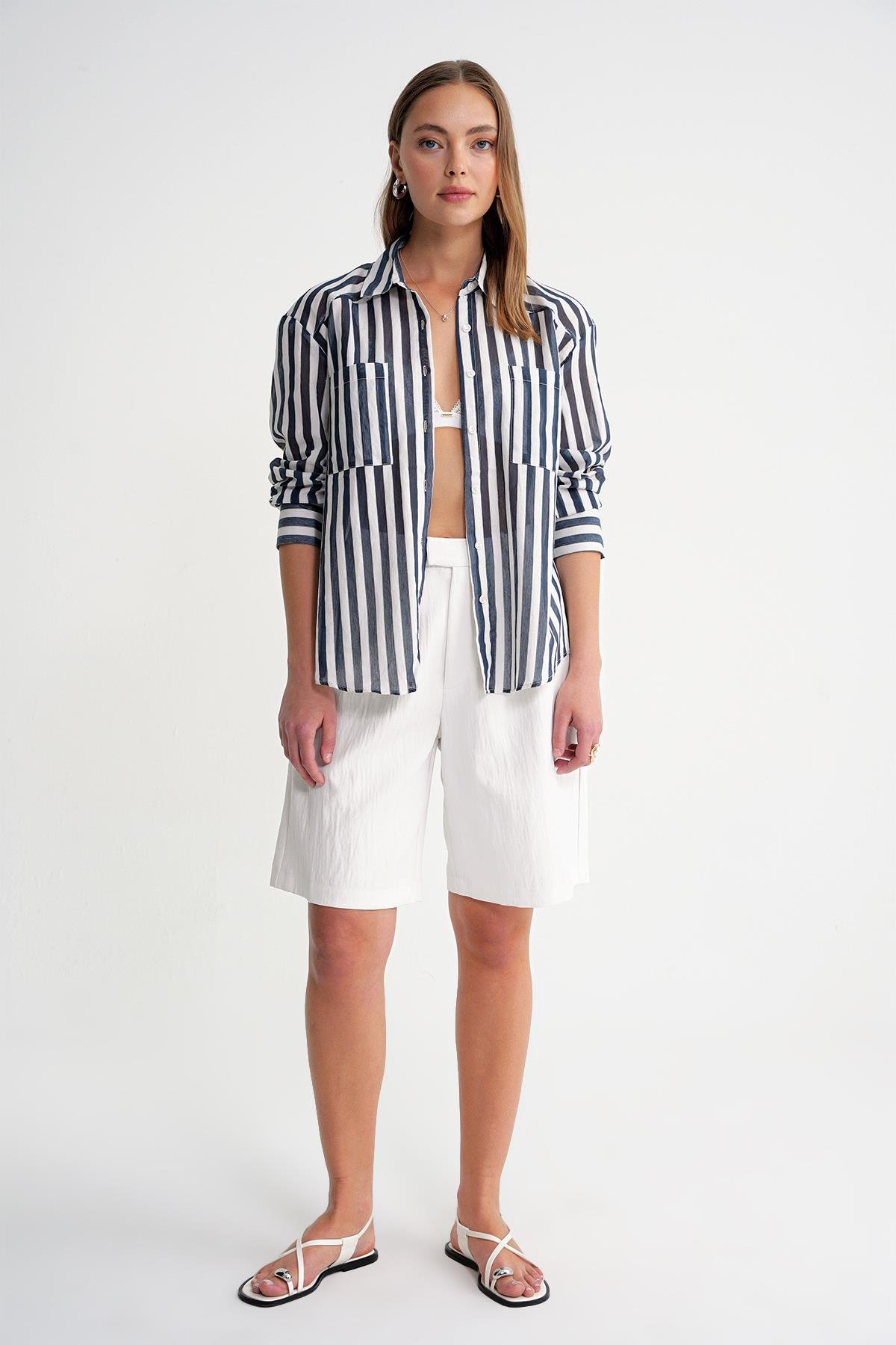 4650 Kadın Robalı Hafif Transparan Çizgili Basic Gömlek Lacivert