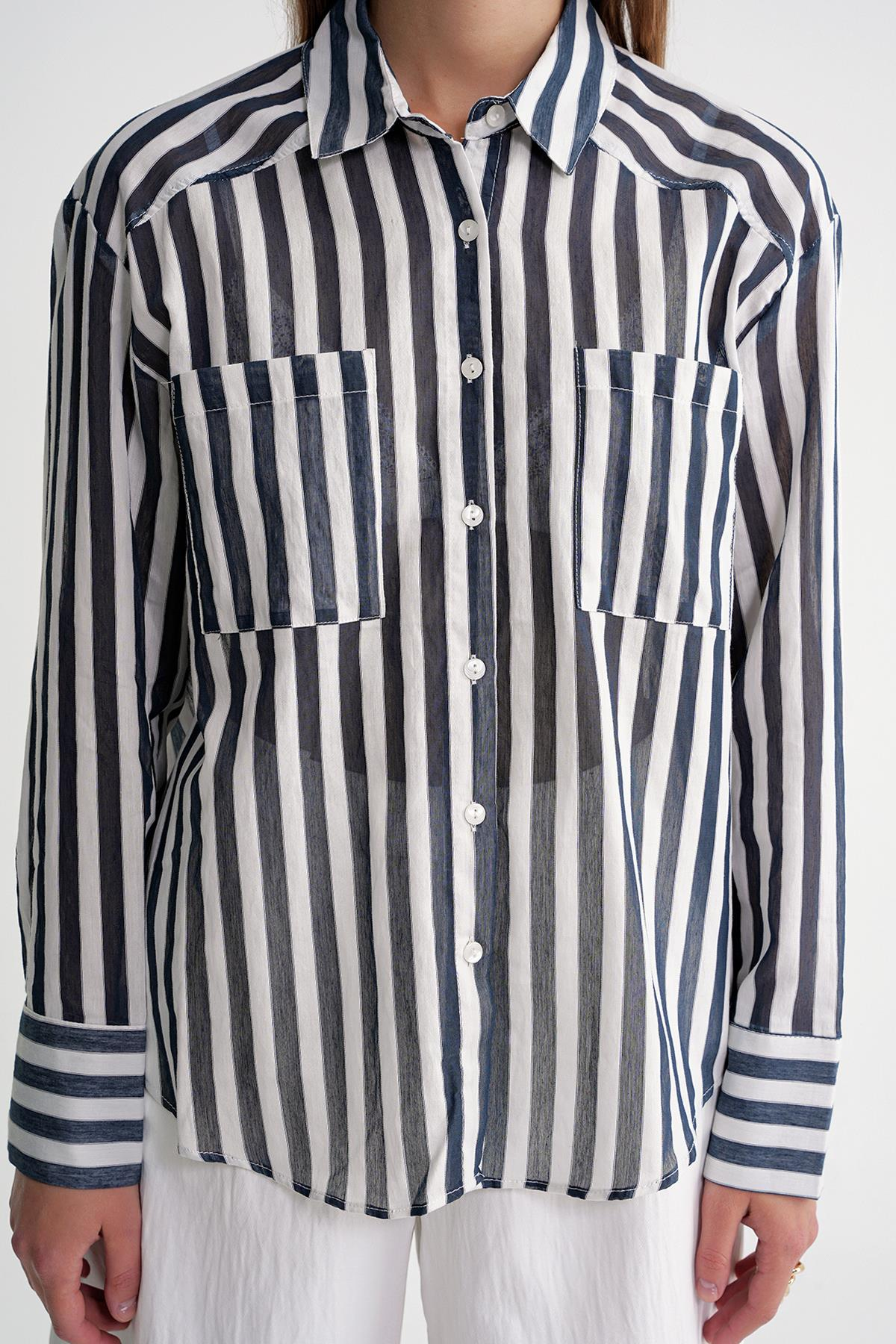 4650 Kadın Robalı Hafif Transparan Çizgili Basic Gömlek Lacivert