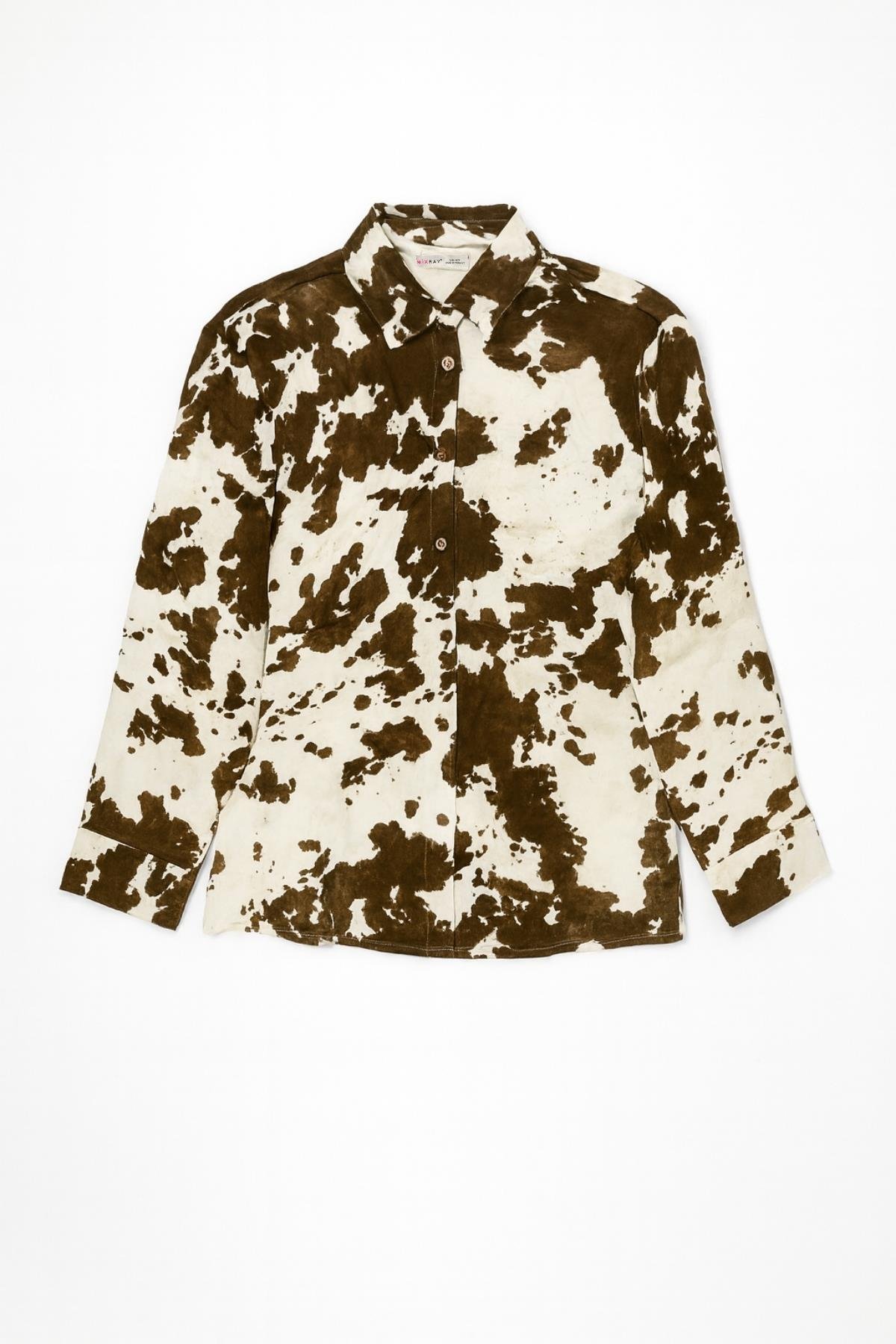 4657 Kadın Büyük Cow Desenli Saten Gömlek Kahve