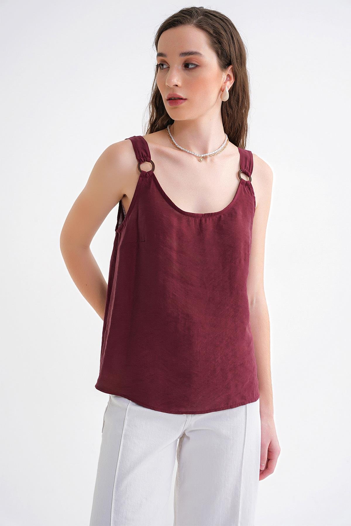 4666 Kadın Toka Detaylı Modal Bluz Bordo