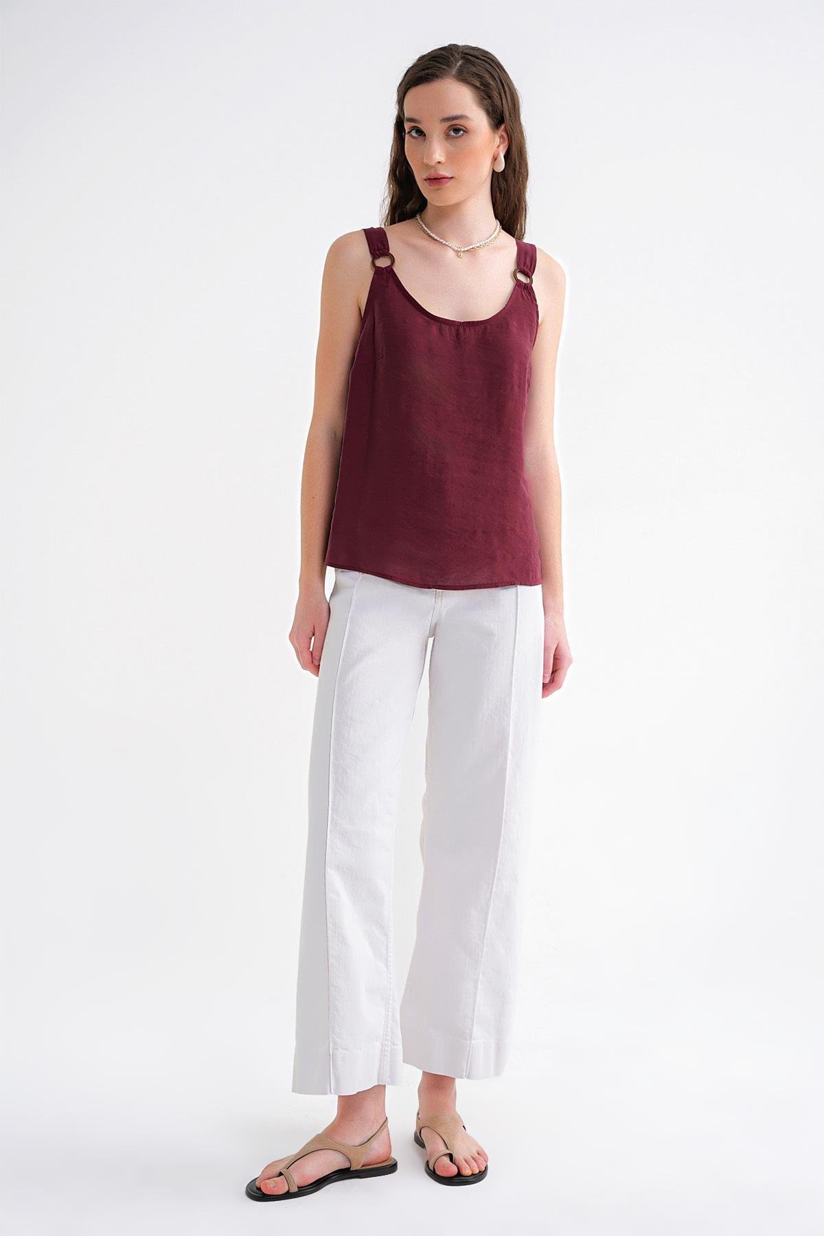 4666 Kadın Toka Detaylı Modal Bluz Bordo