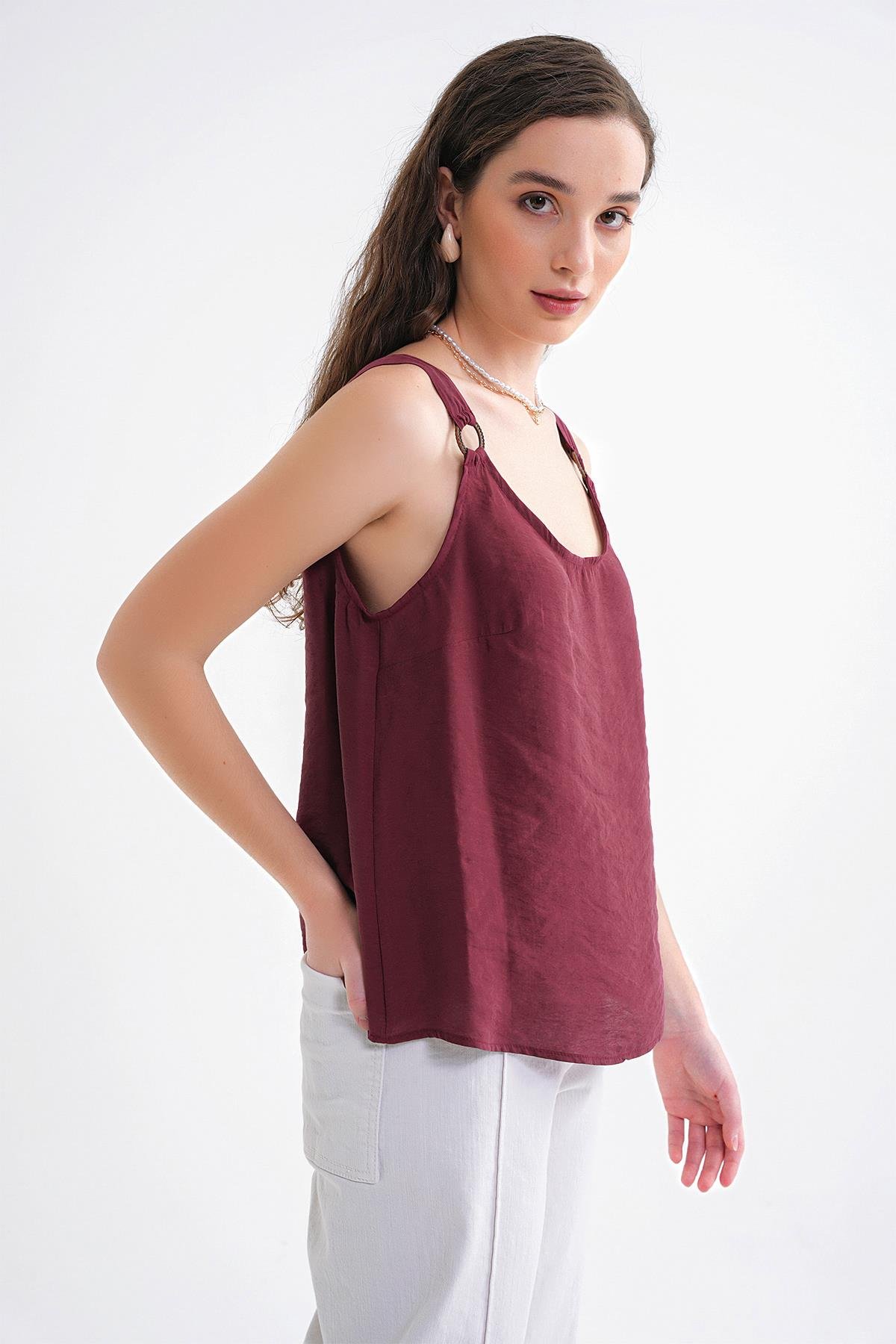 4666 Kadın Toka Detaylı Modal Bluz Bordo