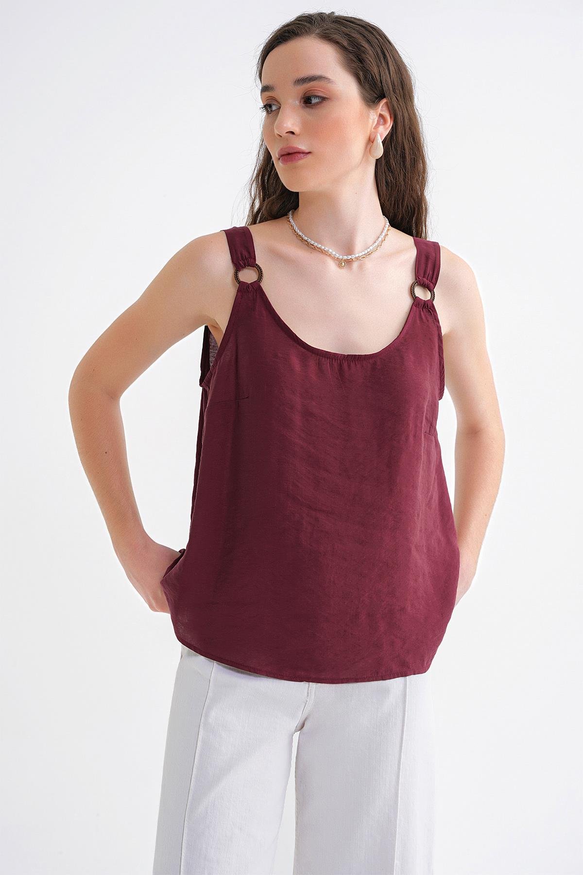 4666 Kadın Toka Detaylı Modal Bluz Bordo