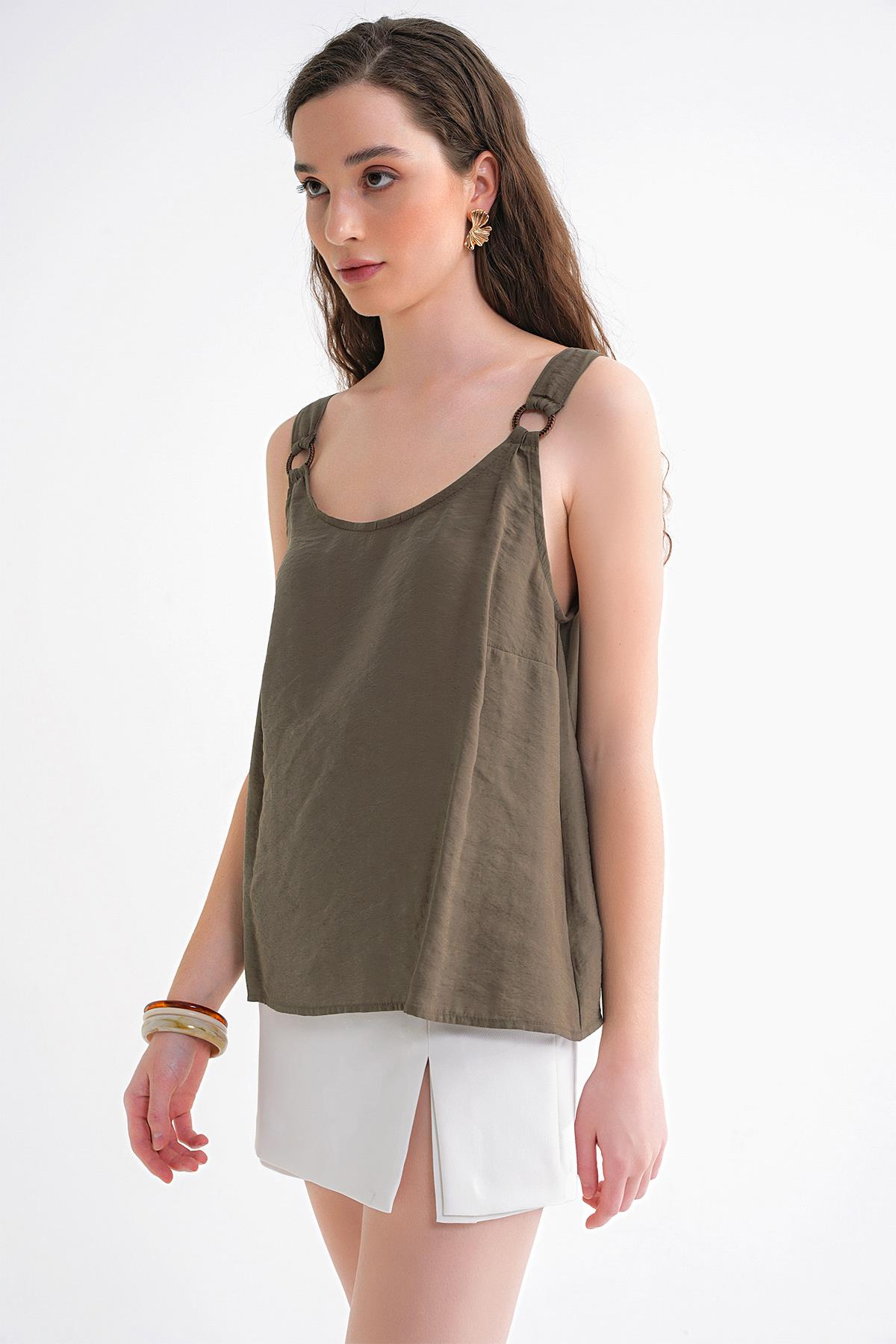 4666 Kadın Toka Detaylı Modal Bluz Haki