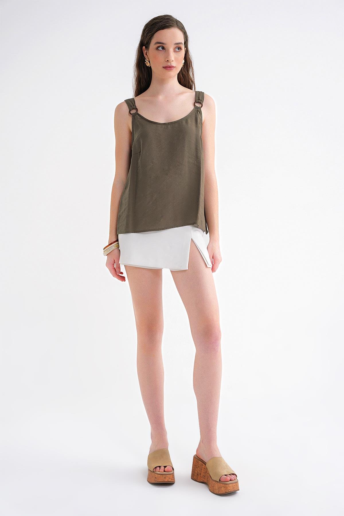 4666 Kadın Toka Detaylı Modal Bluz Haki