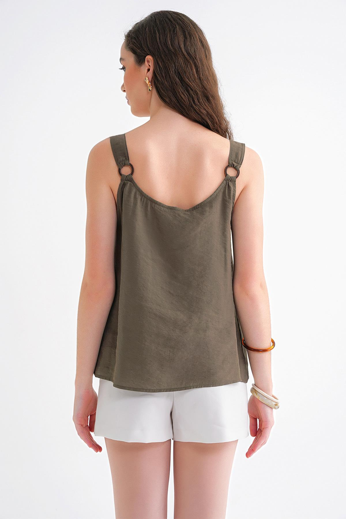 4666 Kadın Toka Detaylı Modal Bluz Haki