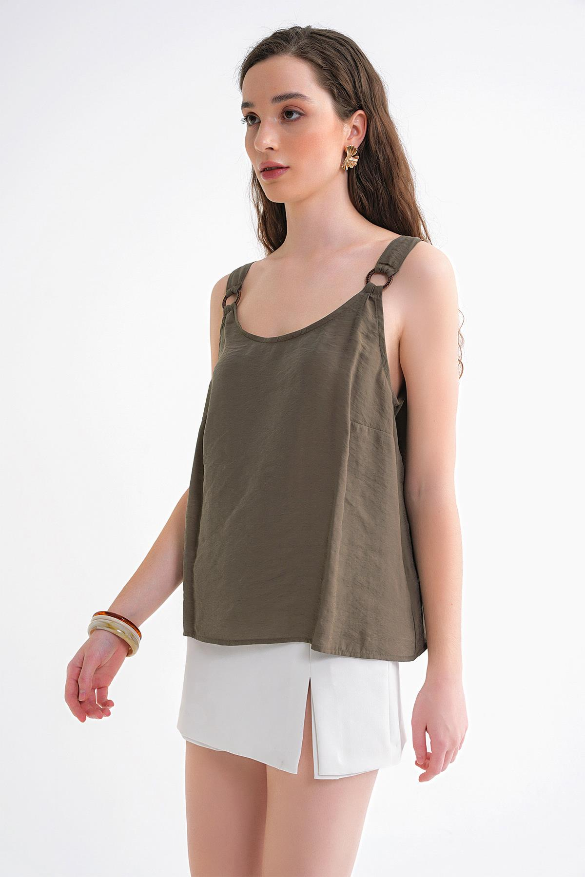 4666 Kadın Toka Detaylı Modal Bluz Haki