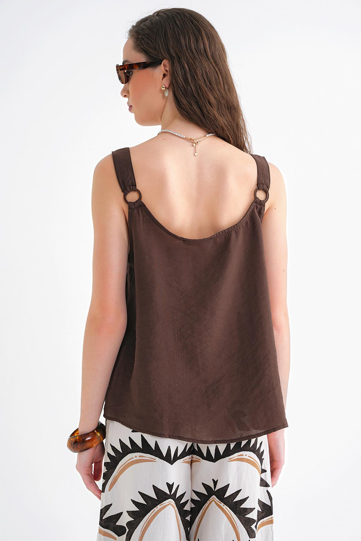 4666 Kadın Toka Detaylı Modal Bluz Kahve