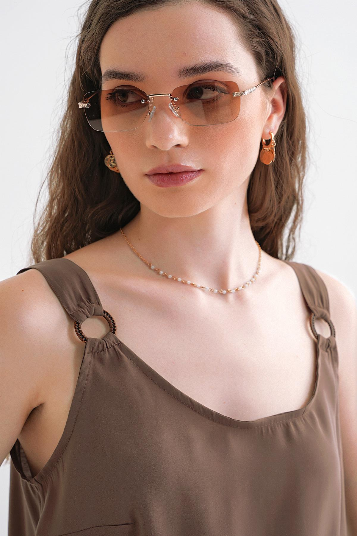 4666 Kadın Toka Detaylı Modal Bluz Moka