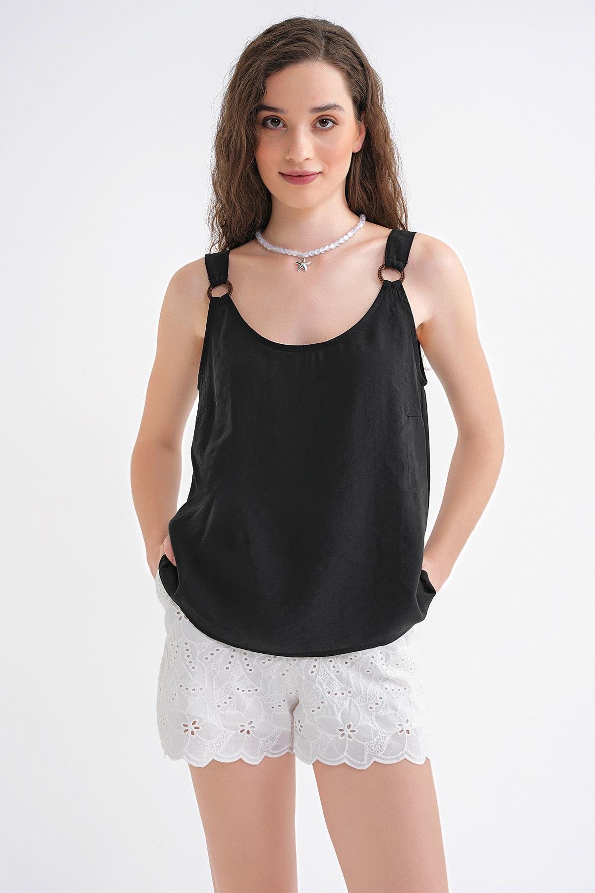 4666 Kadın Toka Detaylı Modal Bluz Siyah