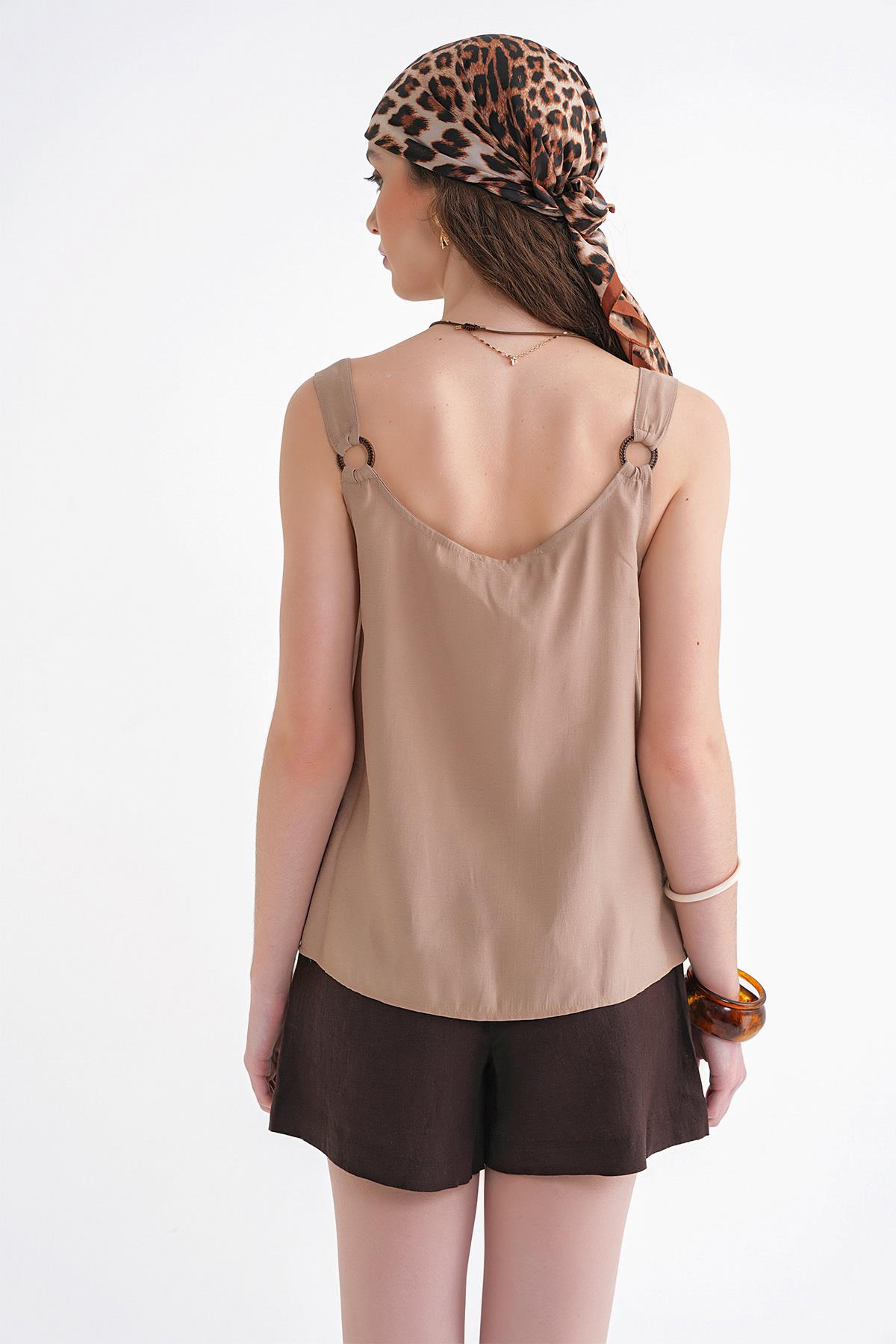 4666 Kadın Toka Detaylı Modal Bluz Toprak