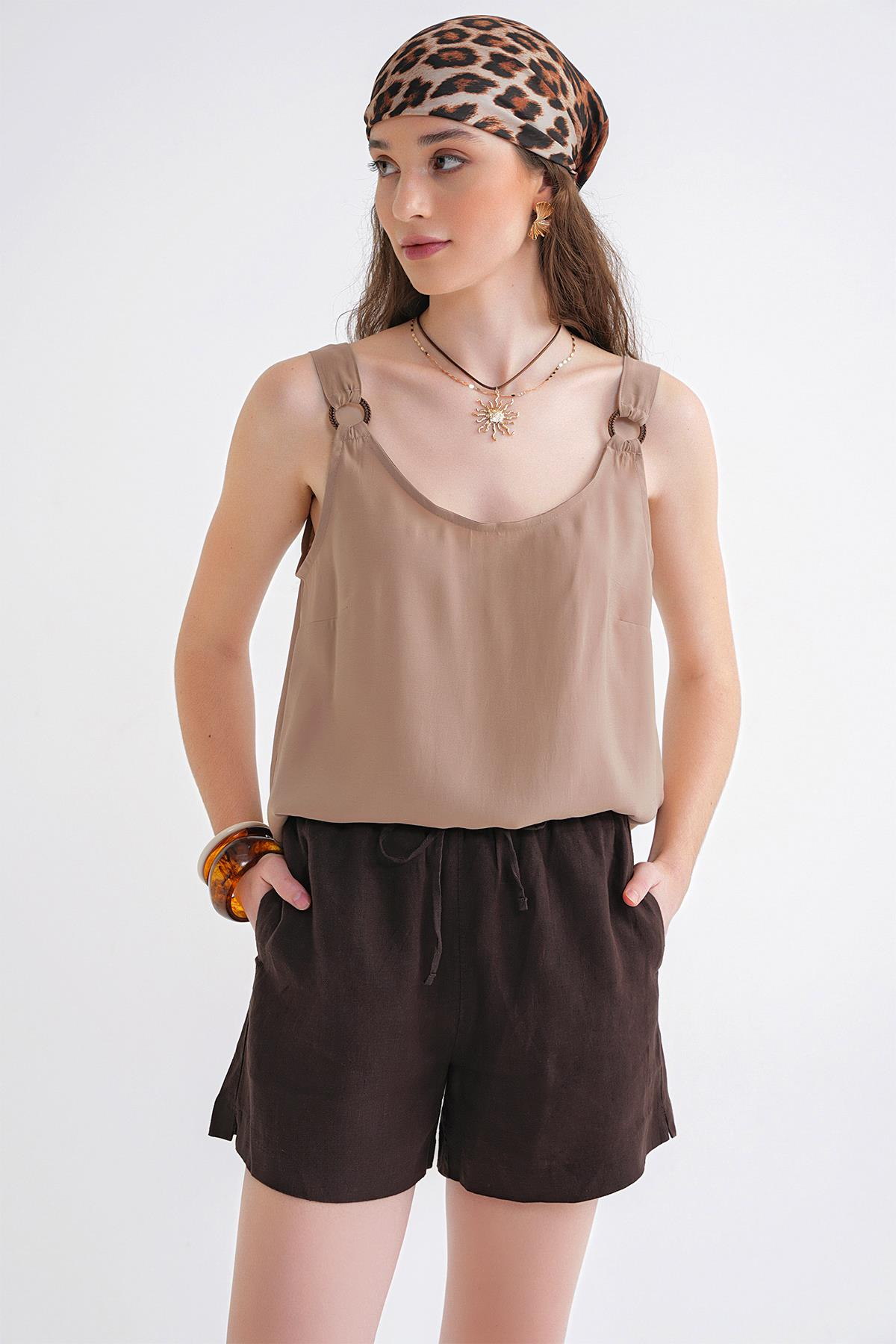 4666 Kadın Toka Detaylı Modal Bluz Toprak