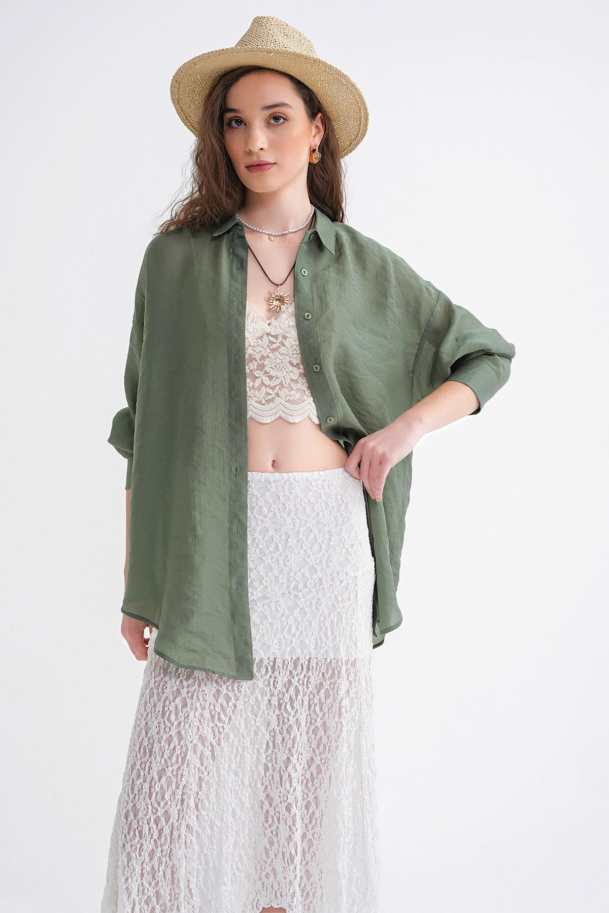 4667 Kadın İnce Oversize Modal Gömlek Haki
