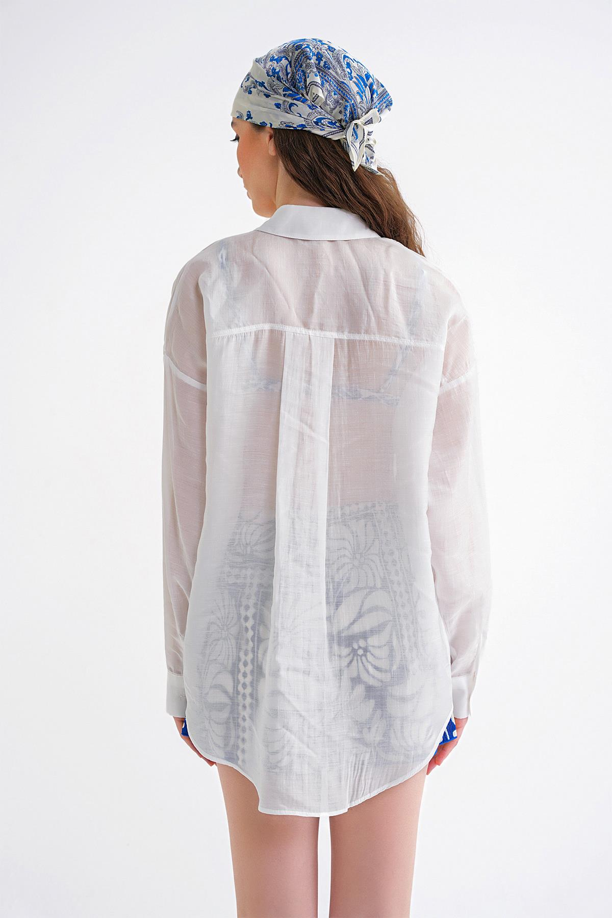 4667 Kadın İnce Oversize Modal Gömlek Beyaz