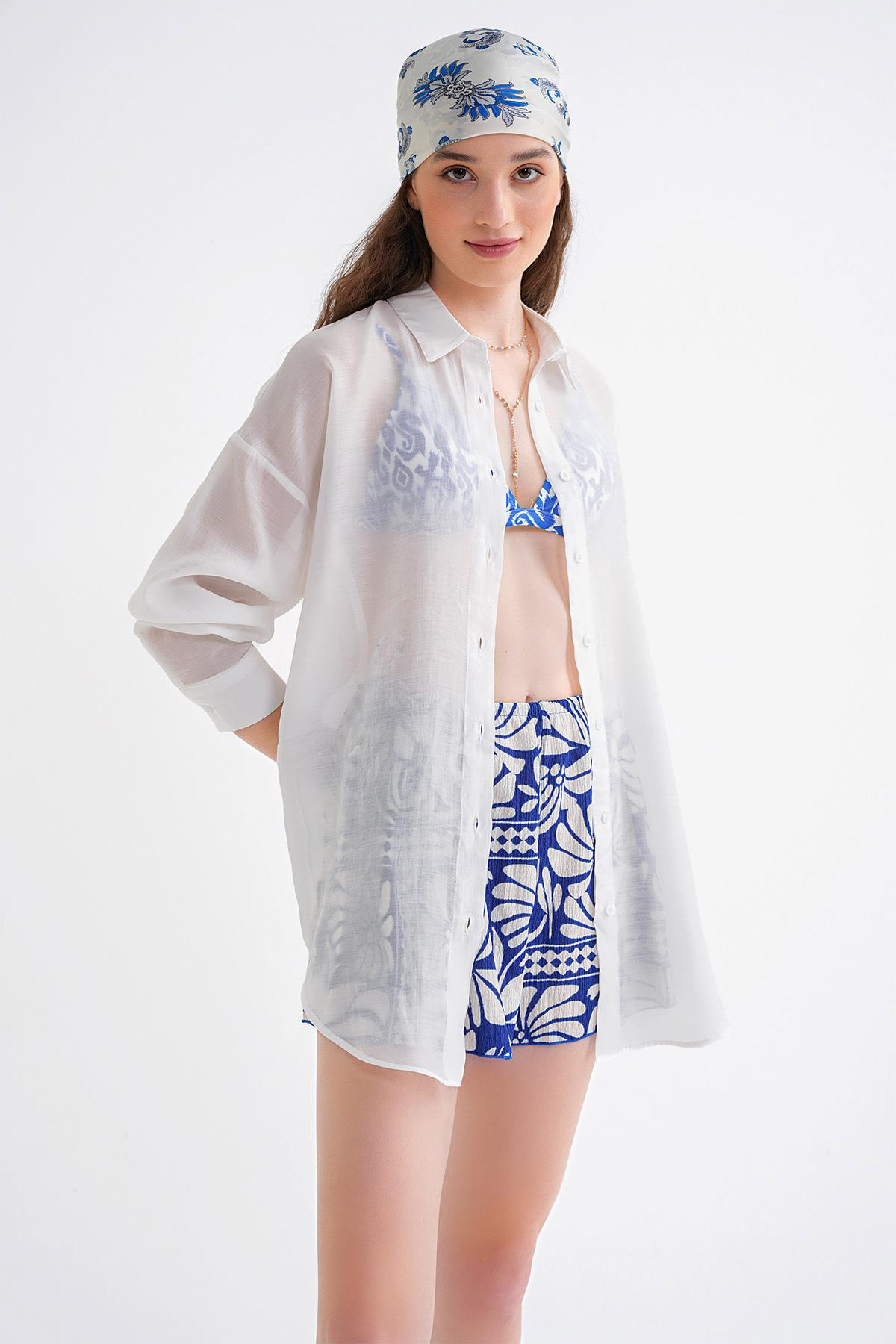 4667 Kadın İnce Oversize Modal Gömlek Beyaz