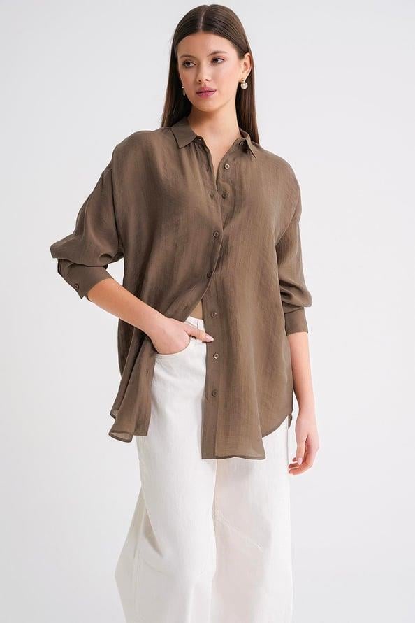 4667 Kadın İnce Oversize Modal Gömlek Kahve
