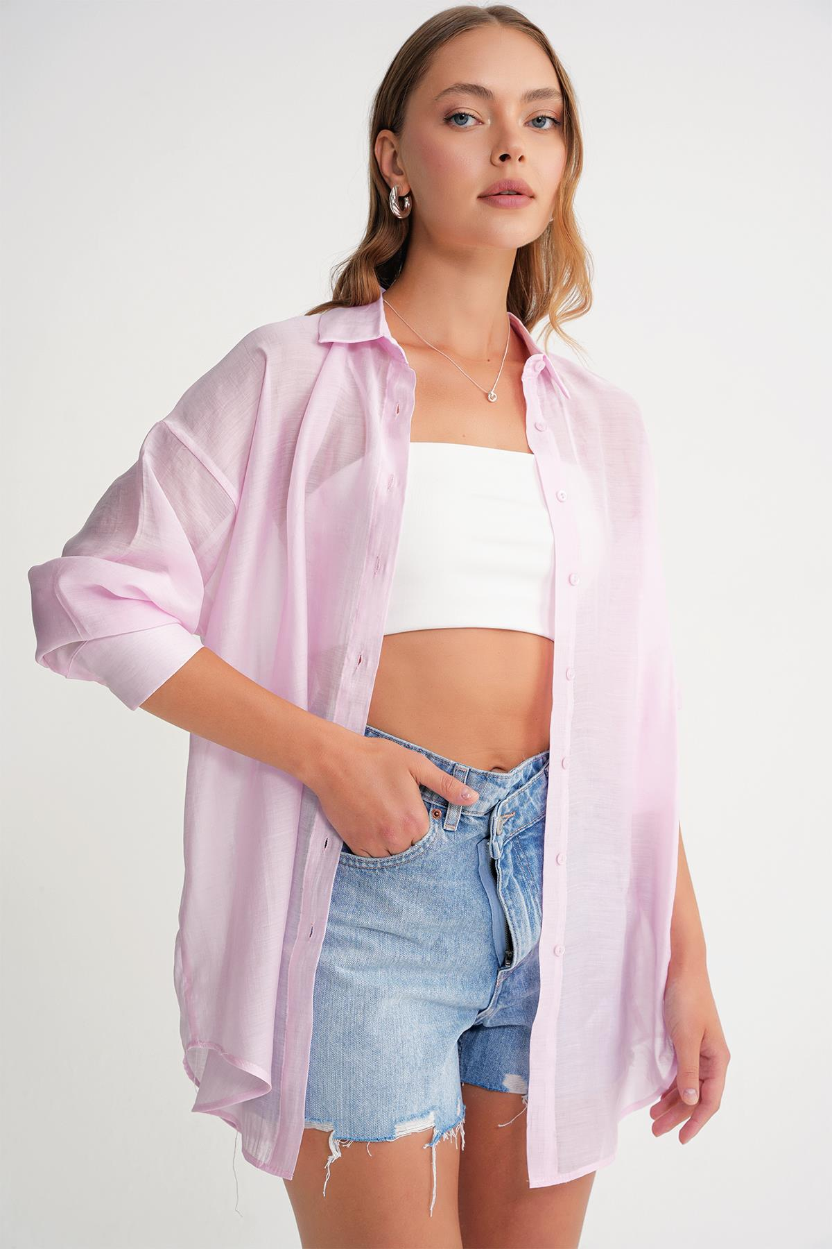 4667 Kadın İnce Oversize Modal Gömlek Pembe