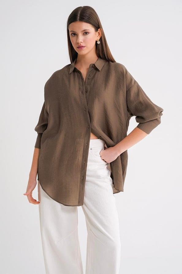 4667 Kadın İnce Oversize Modal Gömlek Kahve
