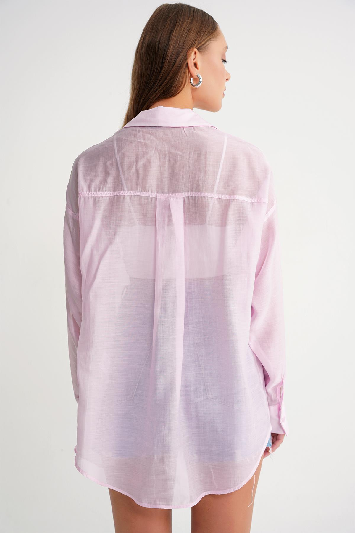 4667 Kadın İnce Oversize Modal Gömlek Pembe