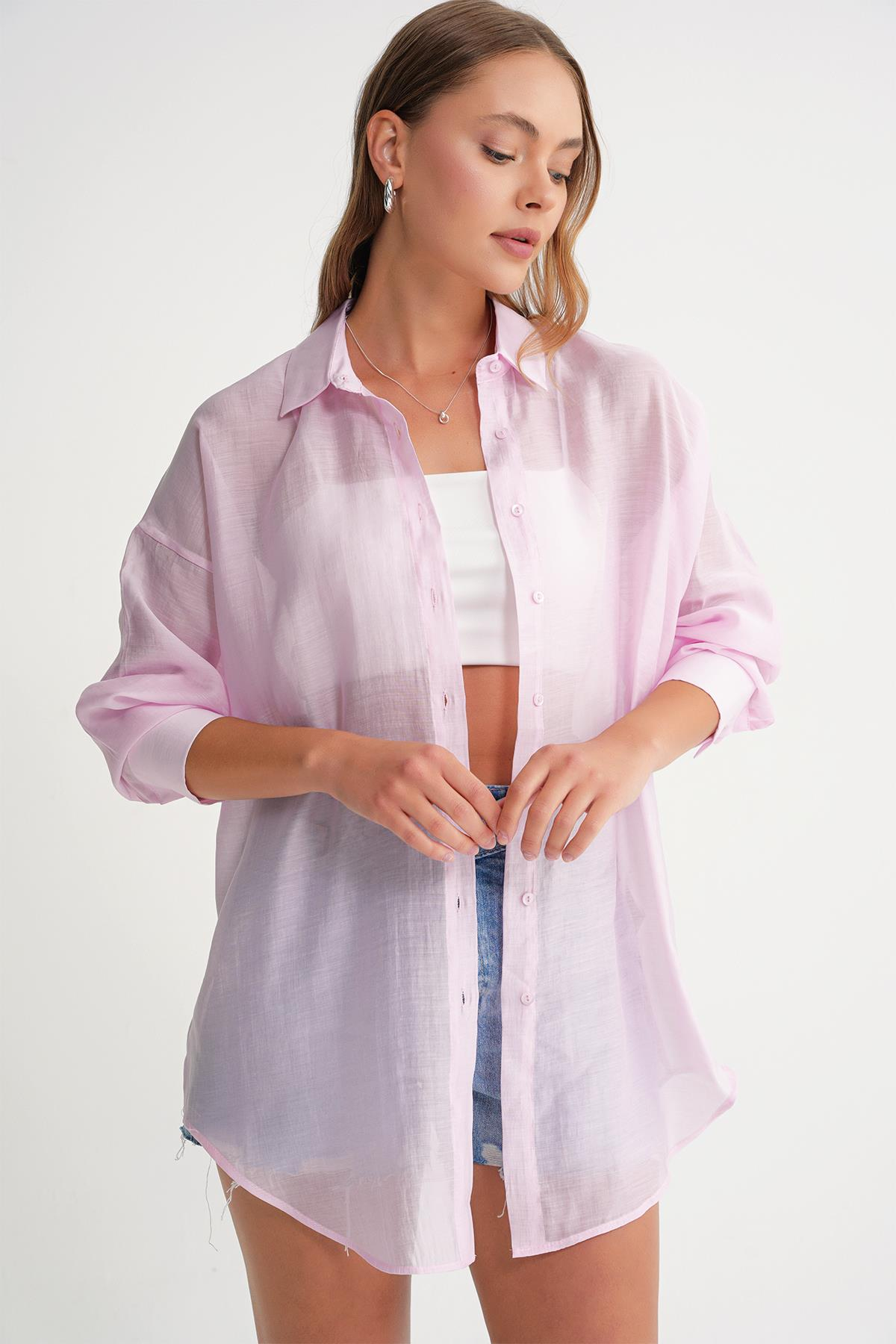 4667 Kadın İnce Oversize Modal Gömlek Pembe