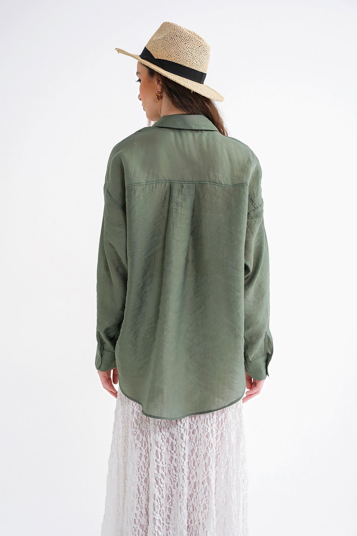 4667 Kadın İnce Oversize Modal Gömlek Haki