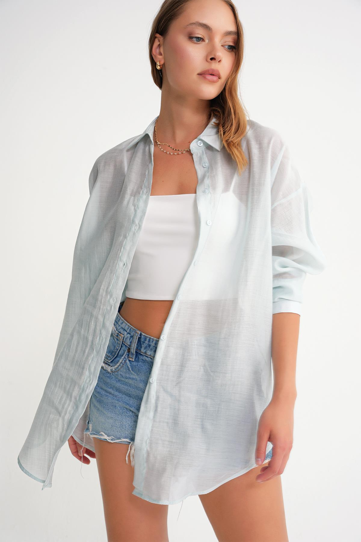 4667 Kadın İnce Oversize Modal Gömlek Adaçayı