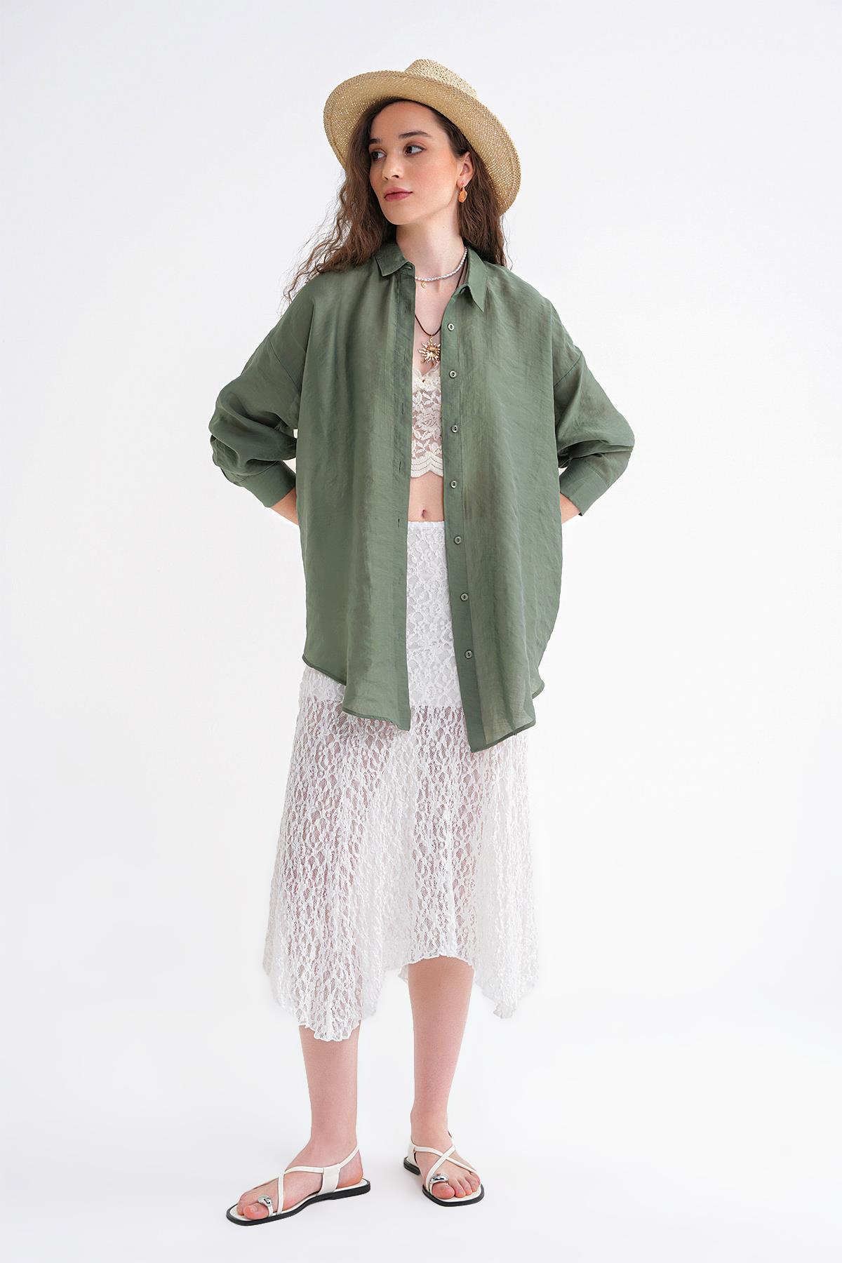 4667 Kadın İnce Oversize Modal Gömlek Haki