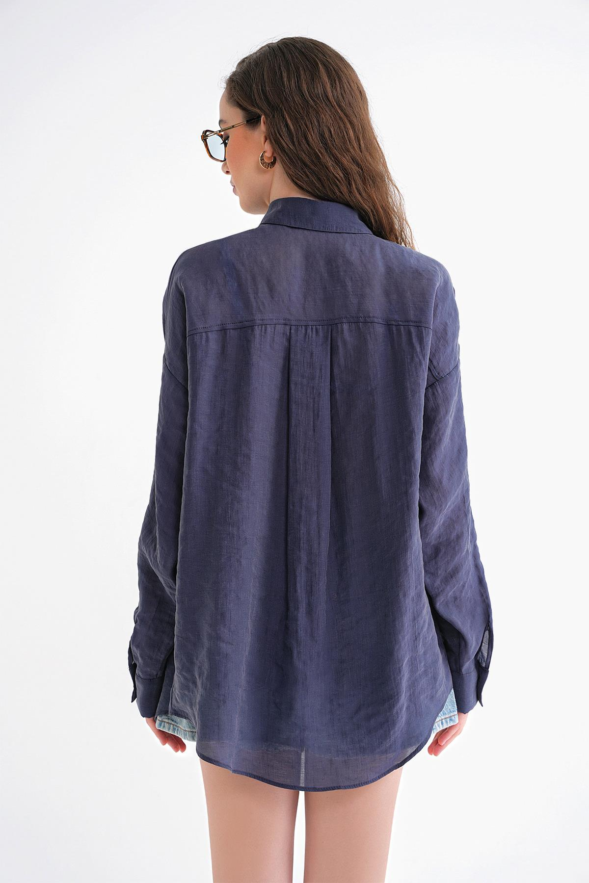 4667 Kadın İnce Oversize Modal Gömlek Lacivert