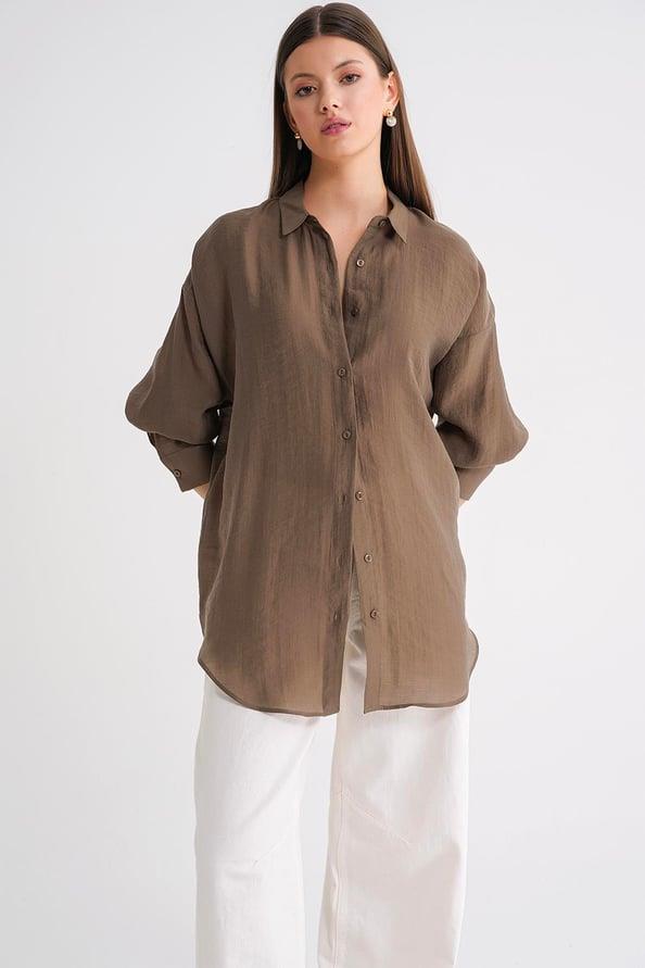4667 Kadın İnce Oversize Modal Gömlek Kahve