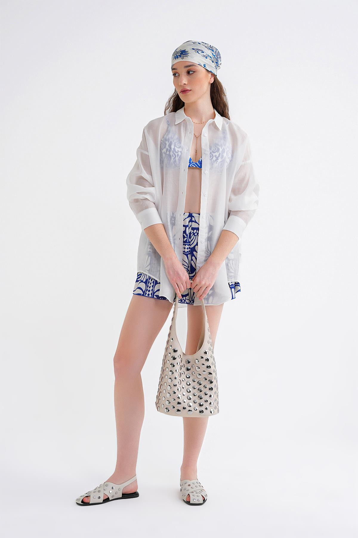 4667 Kadın İnce Oversize Modal Gömlek Beyaz