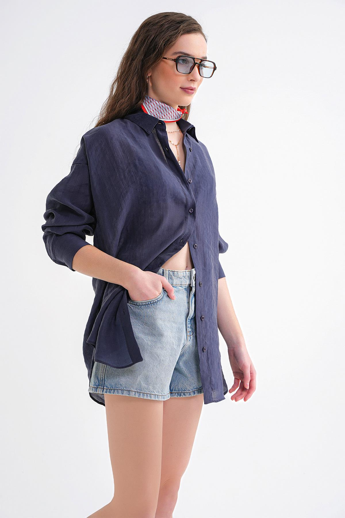 4667 Kadın İnce Oversize Modal Gömlek Lacivert