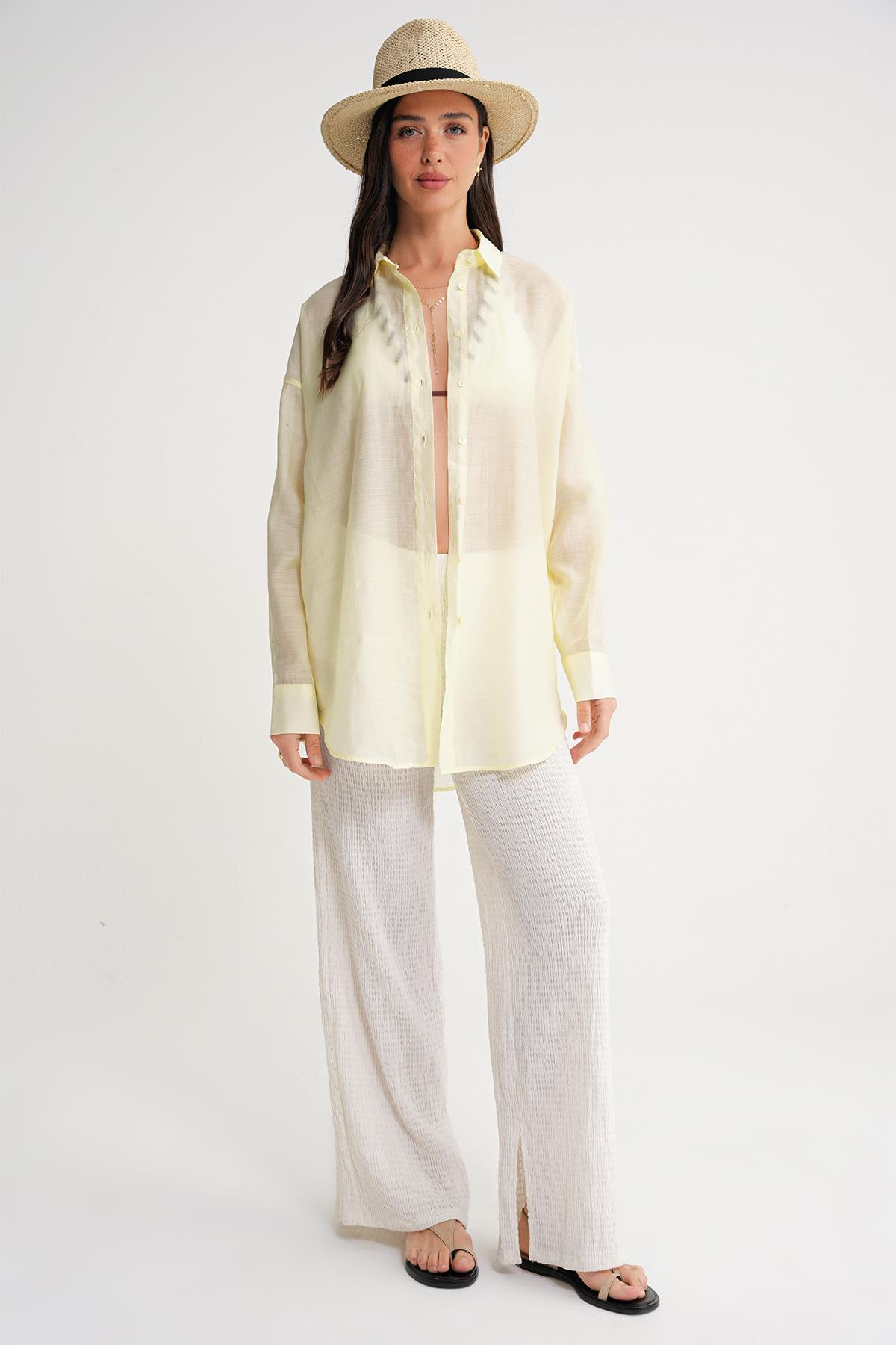 4667 Kadın İnce Oversize Modal Gömlek Sarı