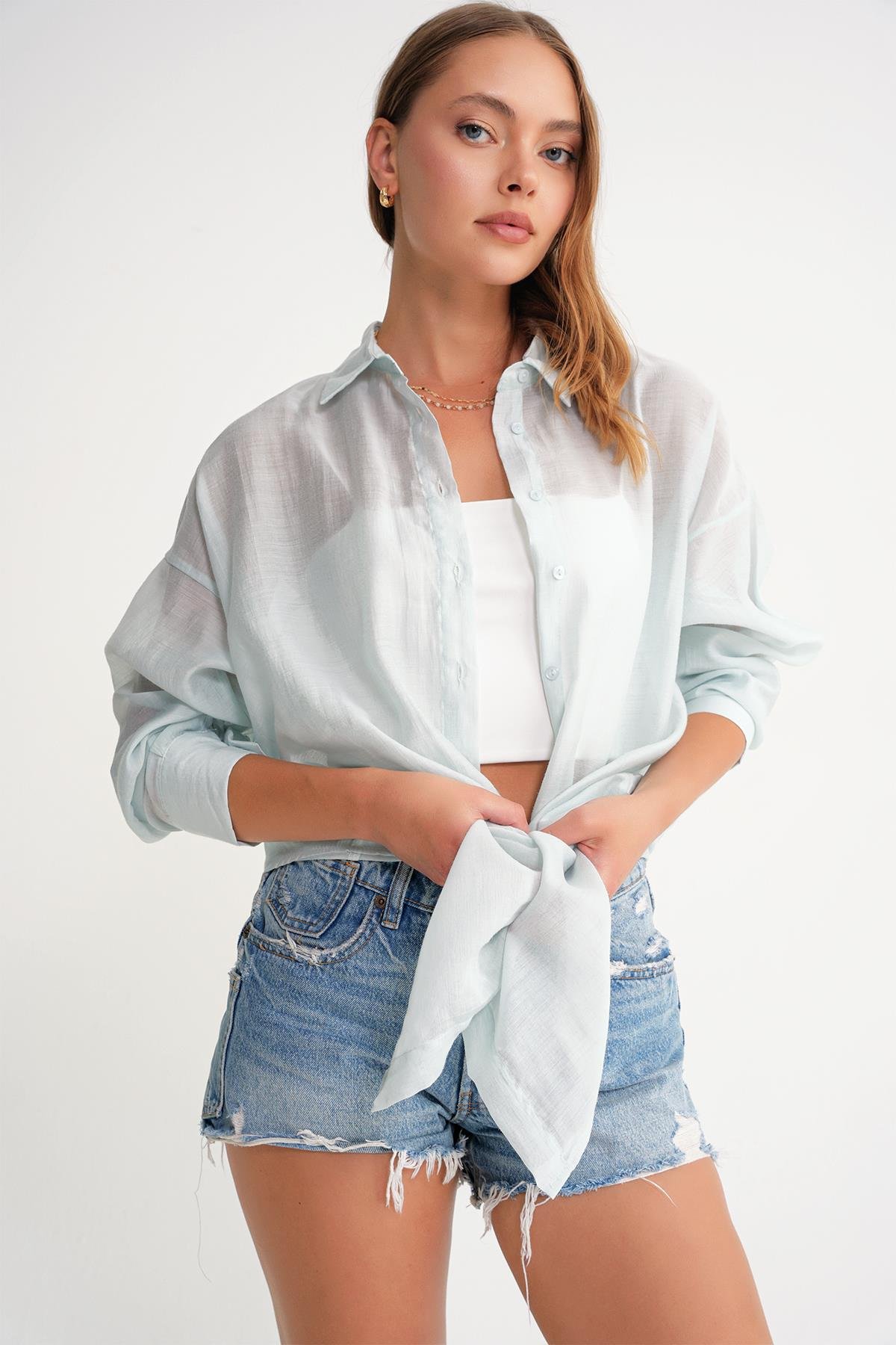 4667 Kadın İnce Oversize Modal Gömlek Adaçayı