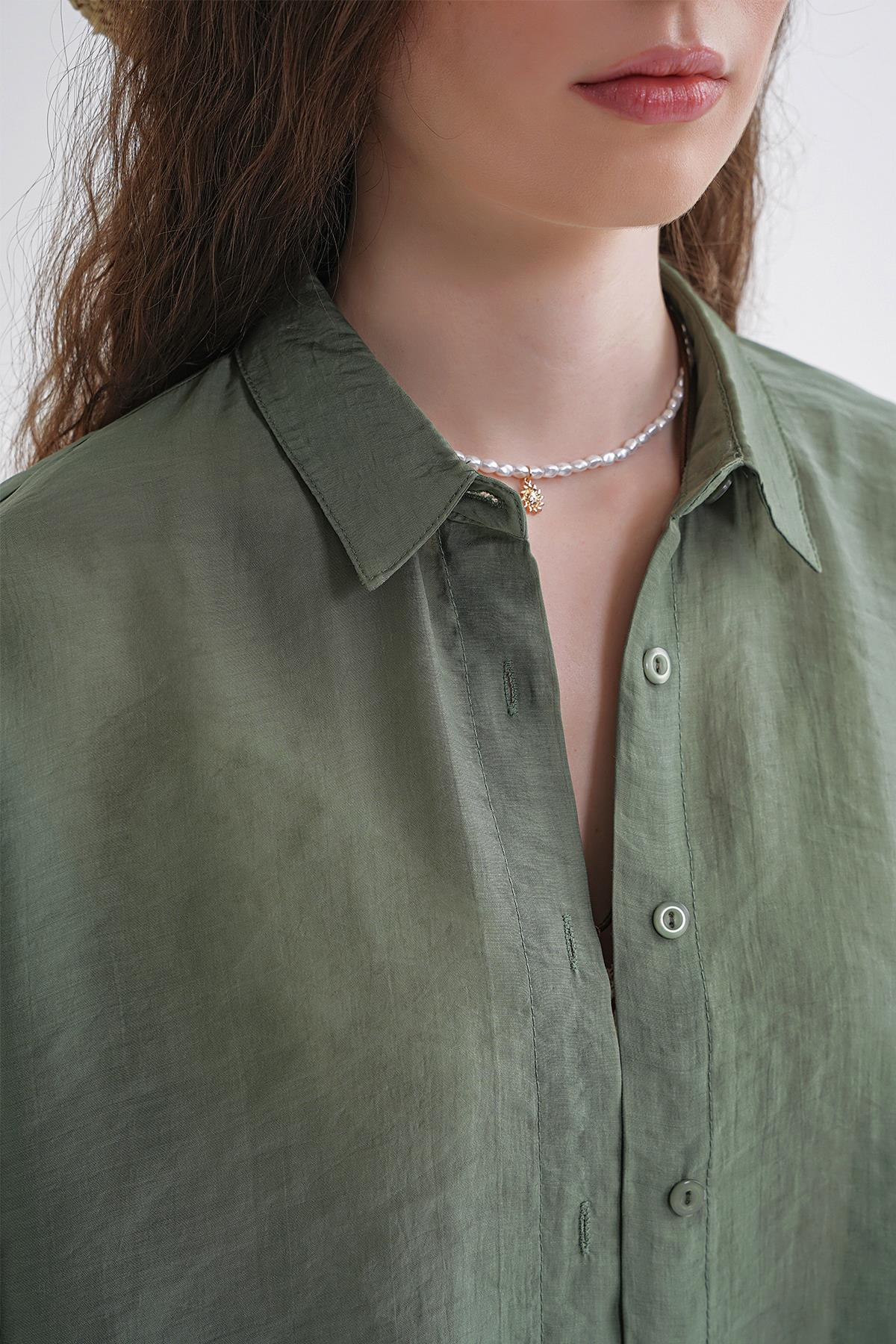 4667 Kadın İnce Oversize Modal Gömlek Haki