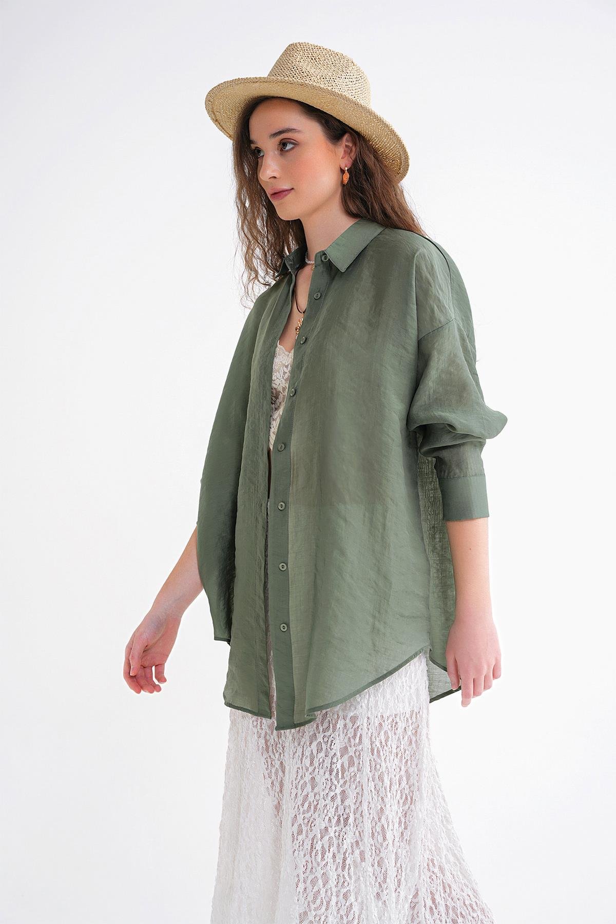 4667 Kadın İnce Oversize Modal Gömlek Haki